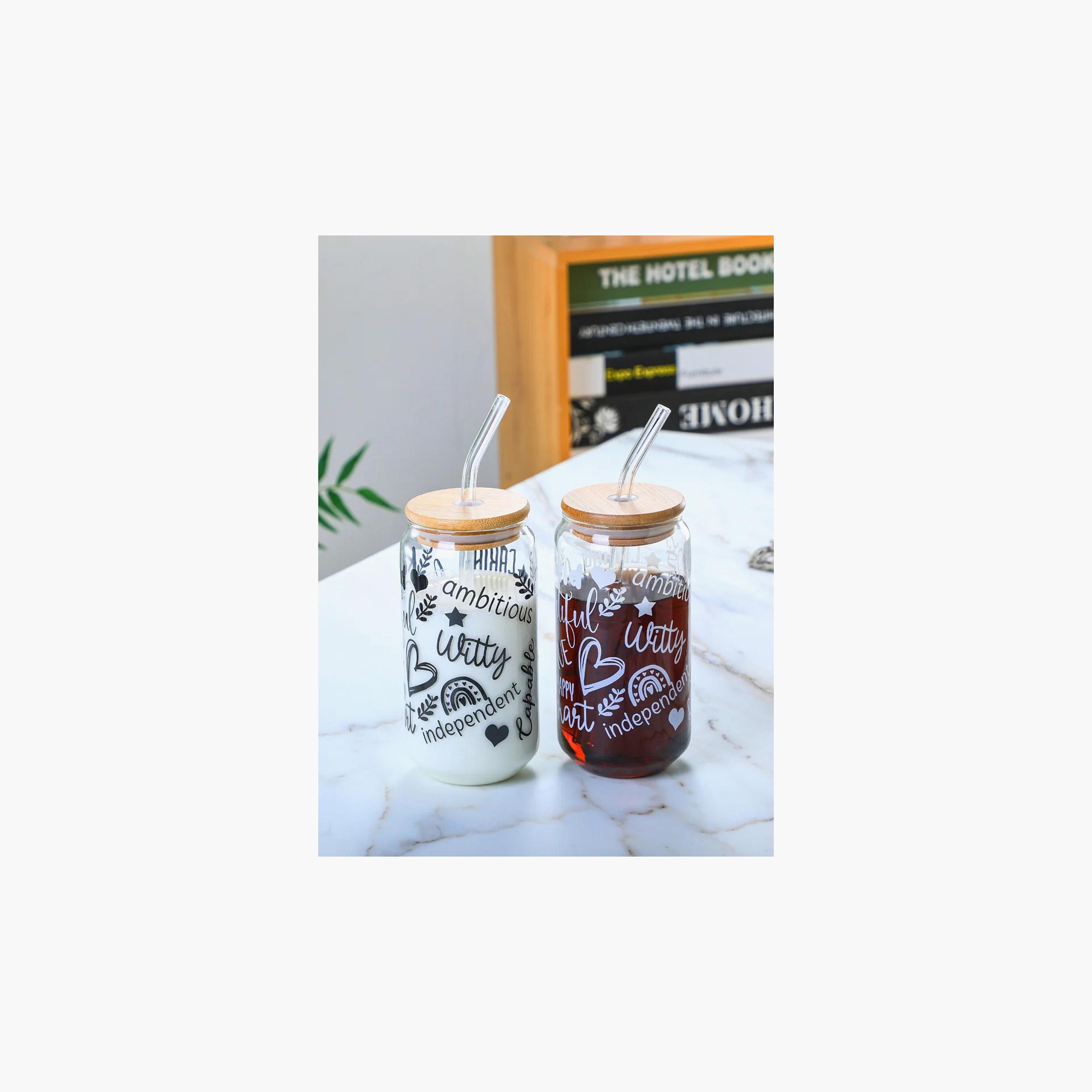 طقم أكواب من زجاج البوروسيليكات بطبعات قطعتين مع غطاء وقشة خيزران من 1 تشيس - 350 مل-household-dining-teaandcoffee-travelmugsandsippers-image-1
