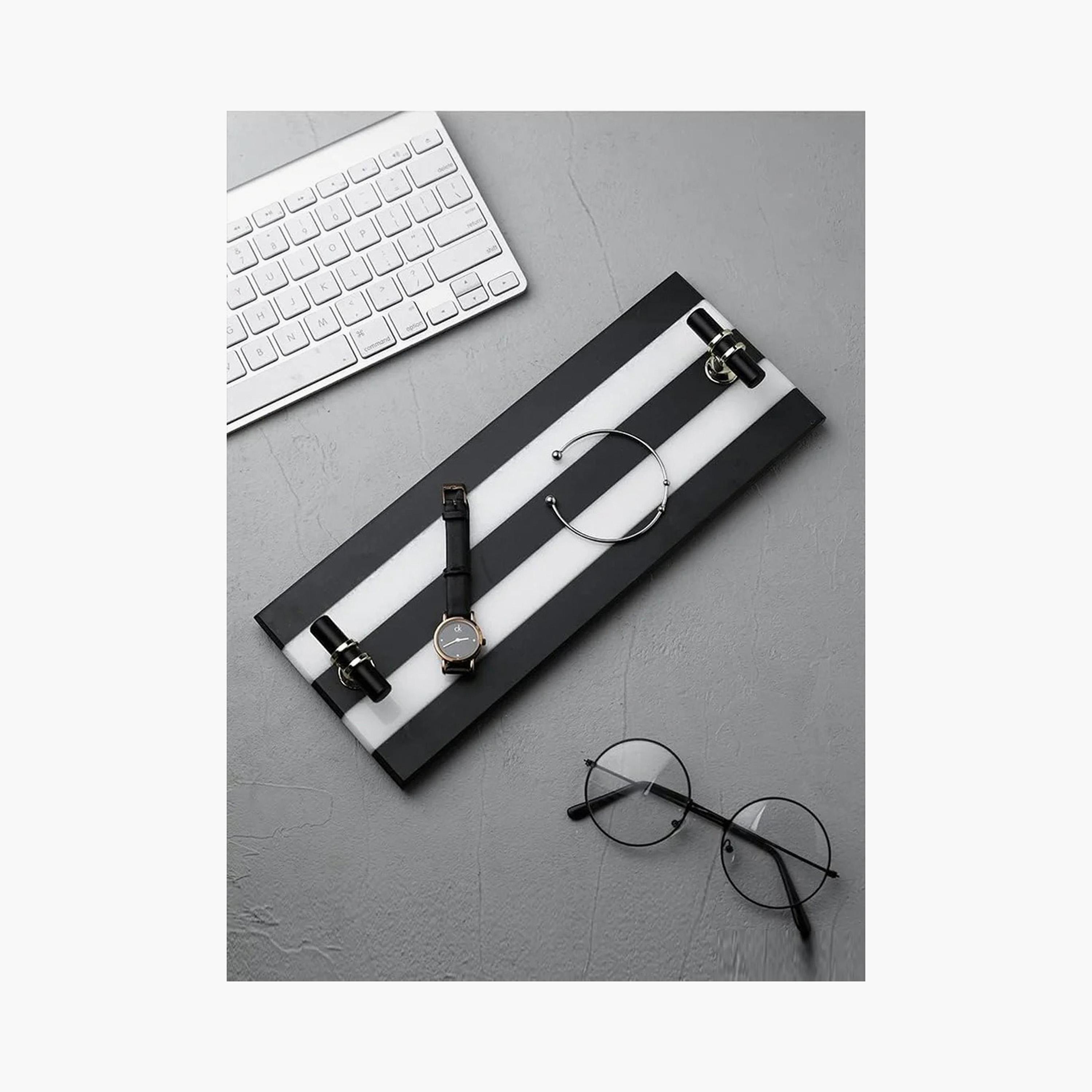 Striped Marble Decorative Tray with Handle - 30x12 cms-household-decor-boxesandtrays-image-2