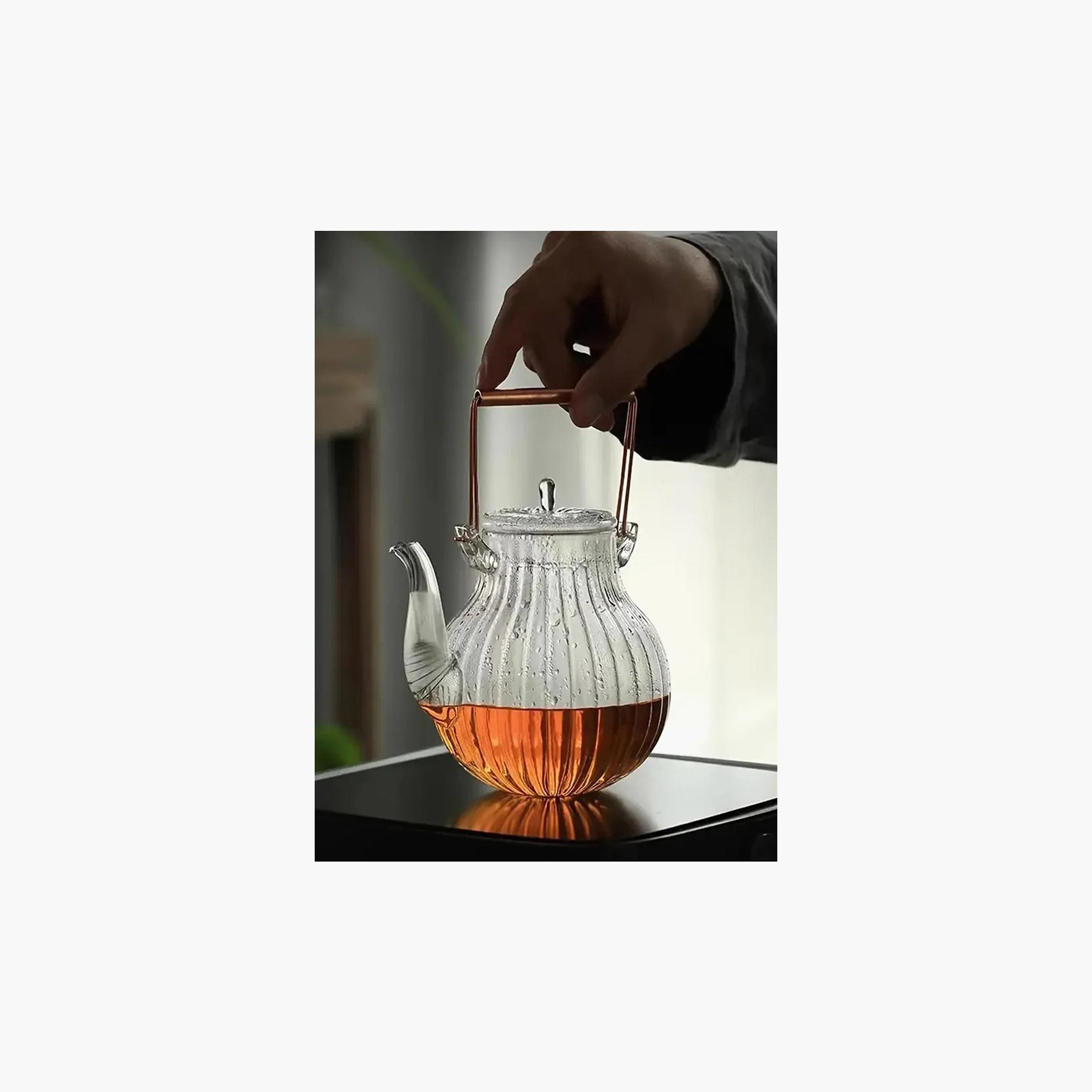 Borosilicate Ridged Glass Teapot With Copper Handle - 600 ml-household-dining-teaandcoffee-vacuumflaskscoffeeandteapots-image-3