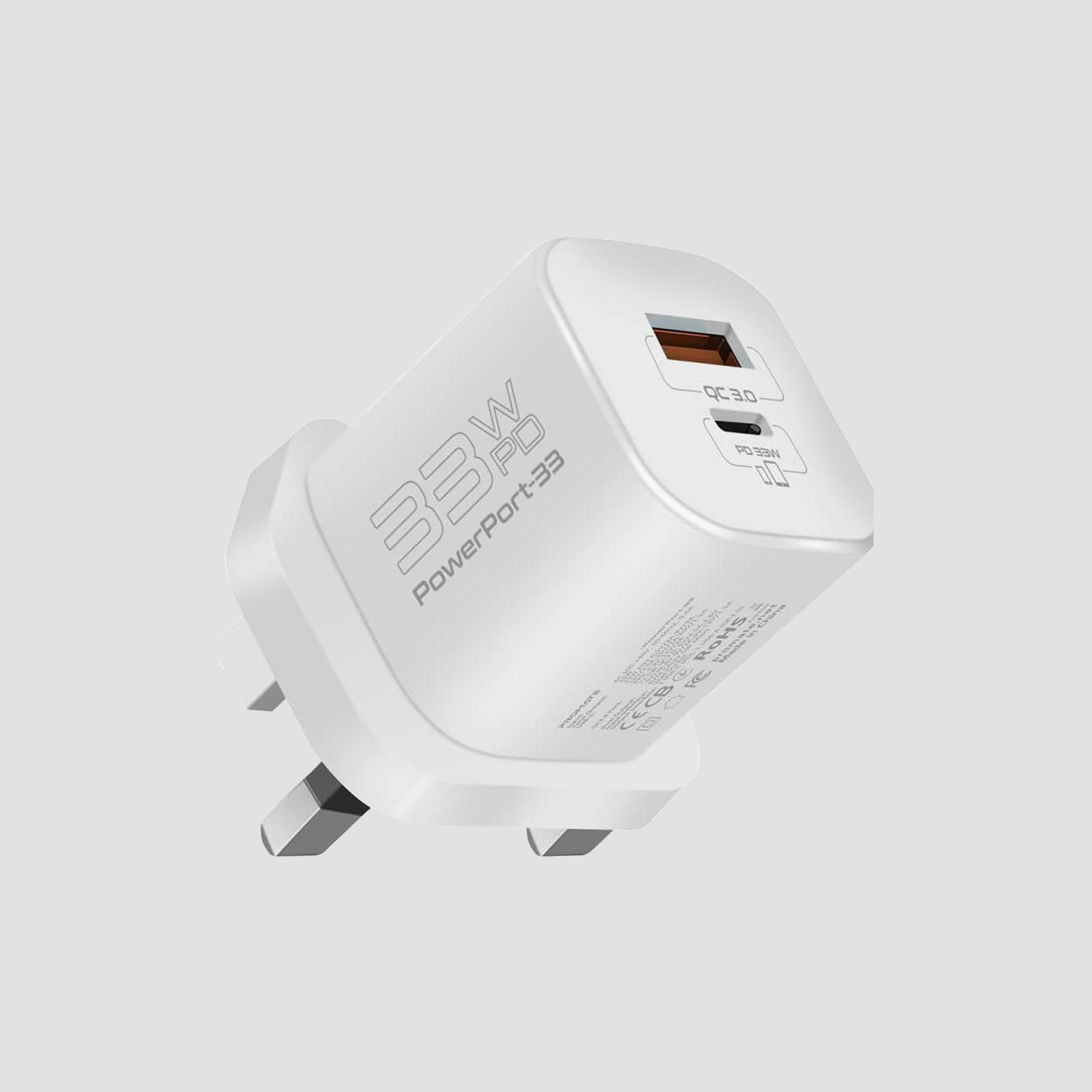 Promate GaN USB-C Charger,33W PD,22.5W QC 3.0,Ultra-Compact,Smart Charging,Short Circuit Protection-electronics-portabledevices-image-1