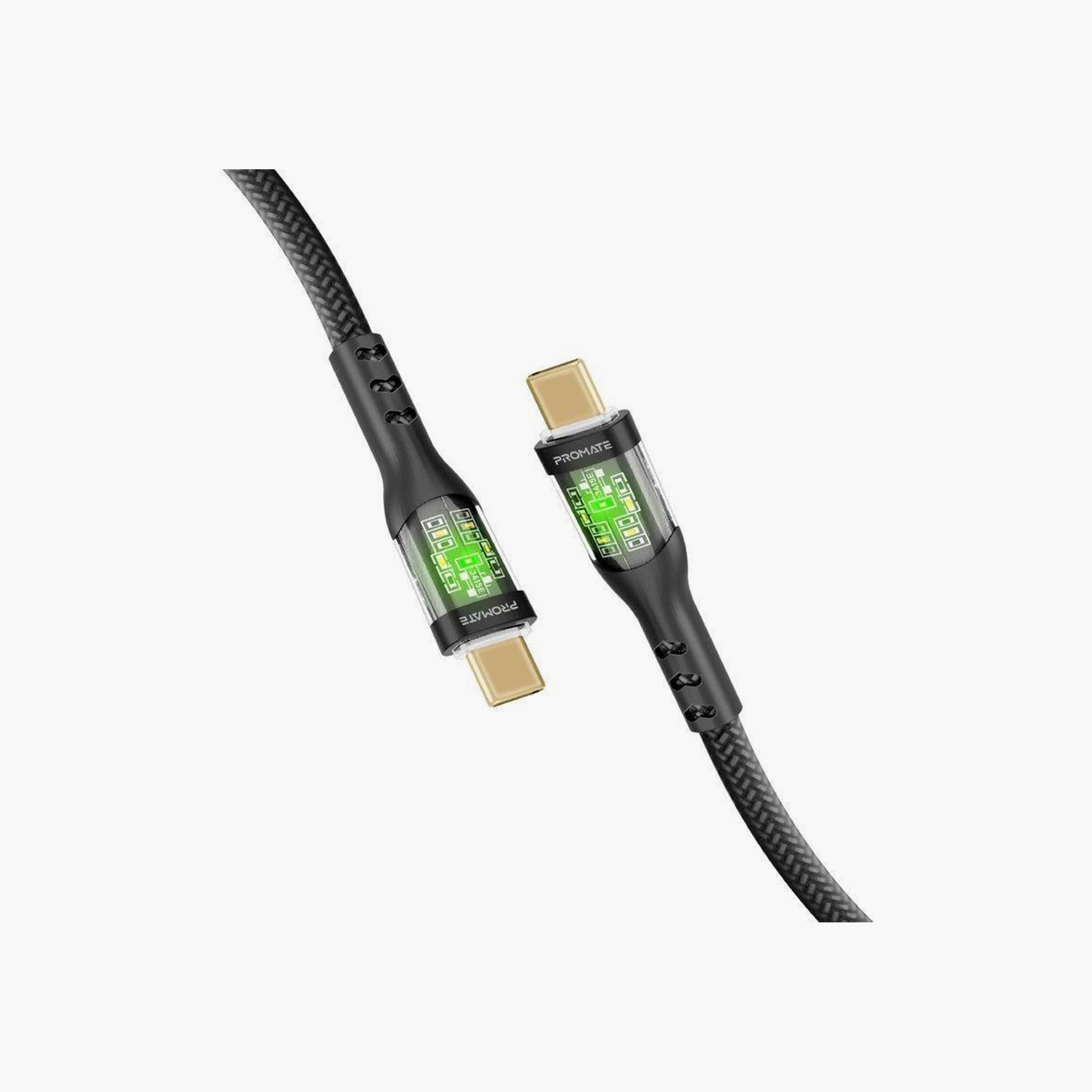 Promate USB-C to USB-C Transparent Designed Cable 1.2M Black | TRANSLINE-CC-electronics-accessories-mobileaccesories-image-1