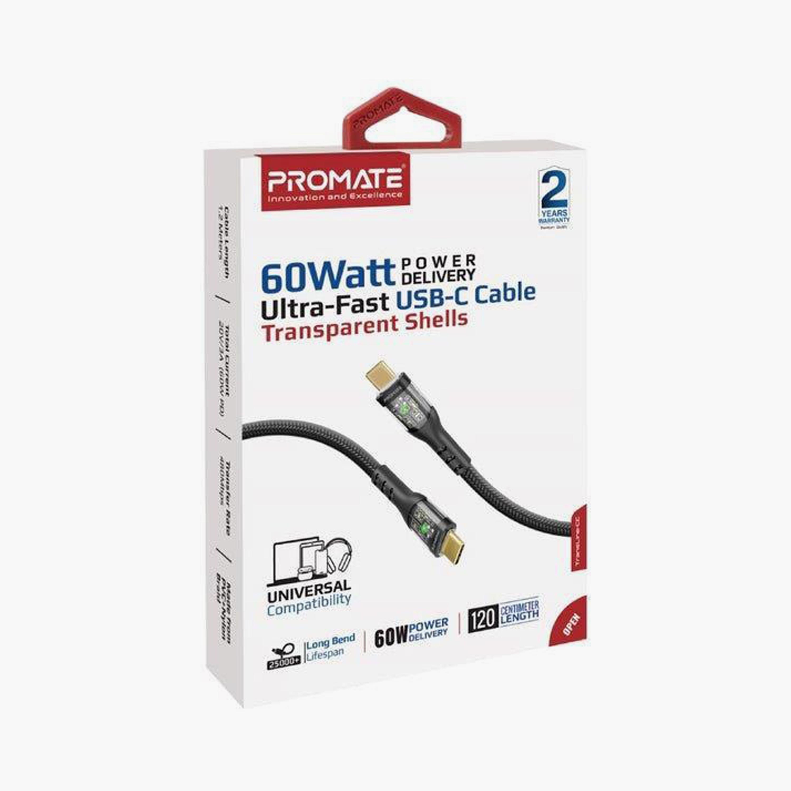 Promate USB-C to USB-C Transparent Designed Cable 1.2M Black | TRANSLINE-CC-electronics-accessories-mobileaccesories-image-2