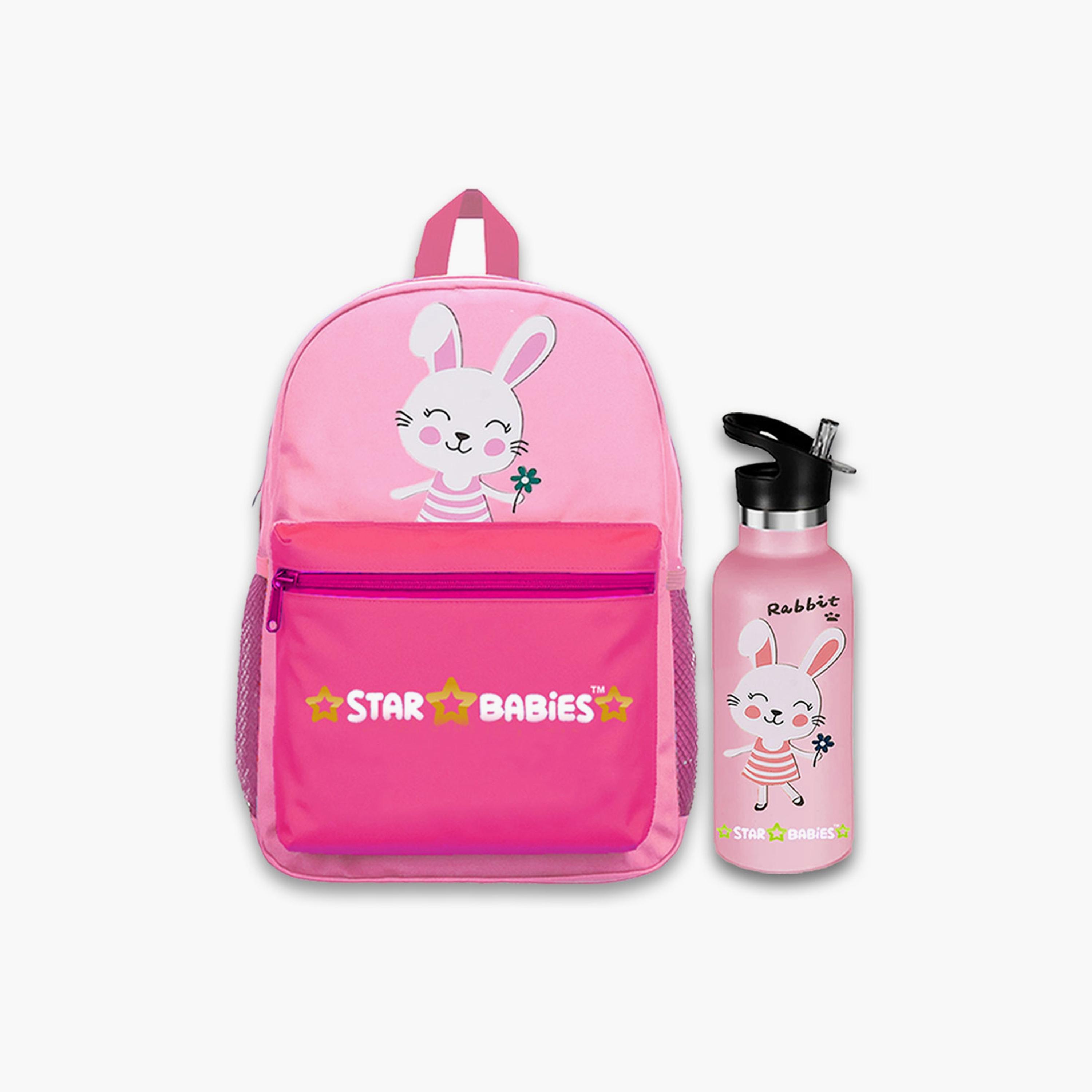 Star Babies Cute Rabbit Print Backpack & Water Bottle Set - 16inch-school-bagsandbackpacks-sets-image-1