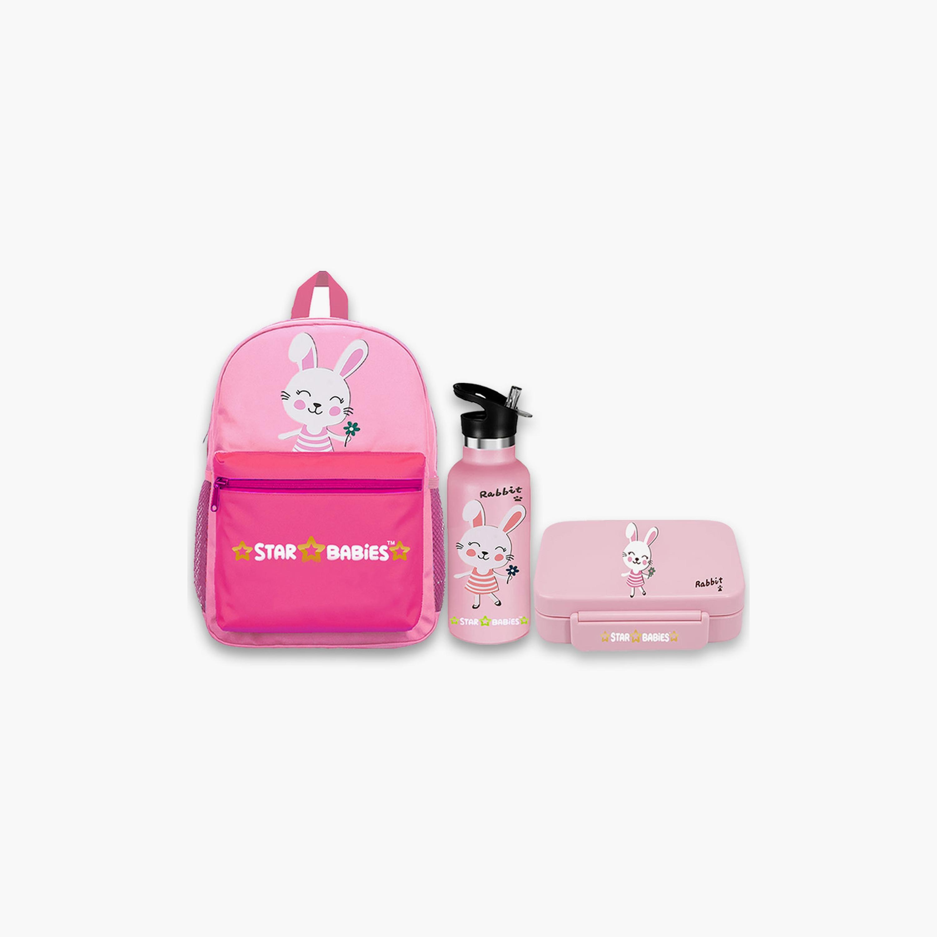 حقيبة ظهر بطبعة أرنب لطيفة مع زجاجة مياه وصندوق غداء من ستار بيبيز - 16 بوصة-school-bagsandbackpacks-sets-image-1