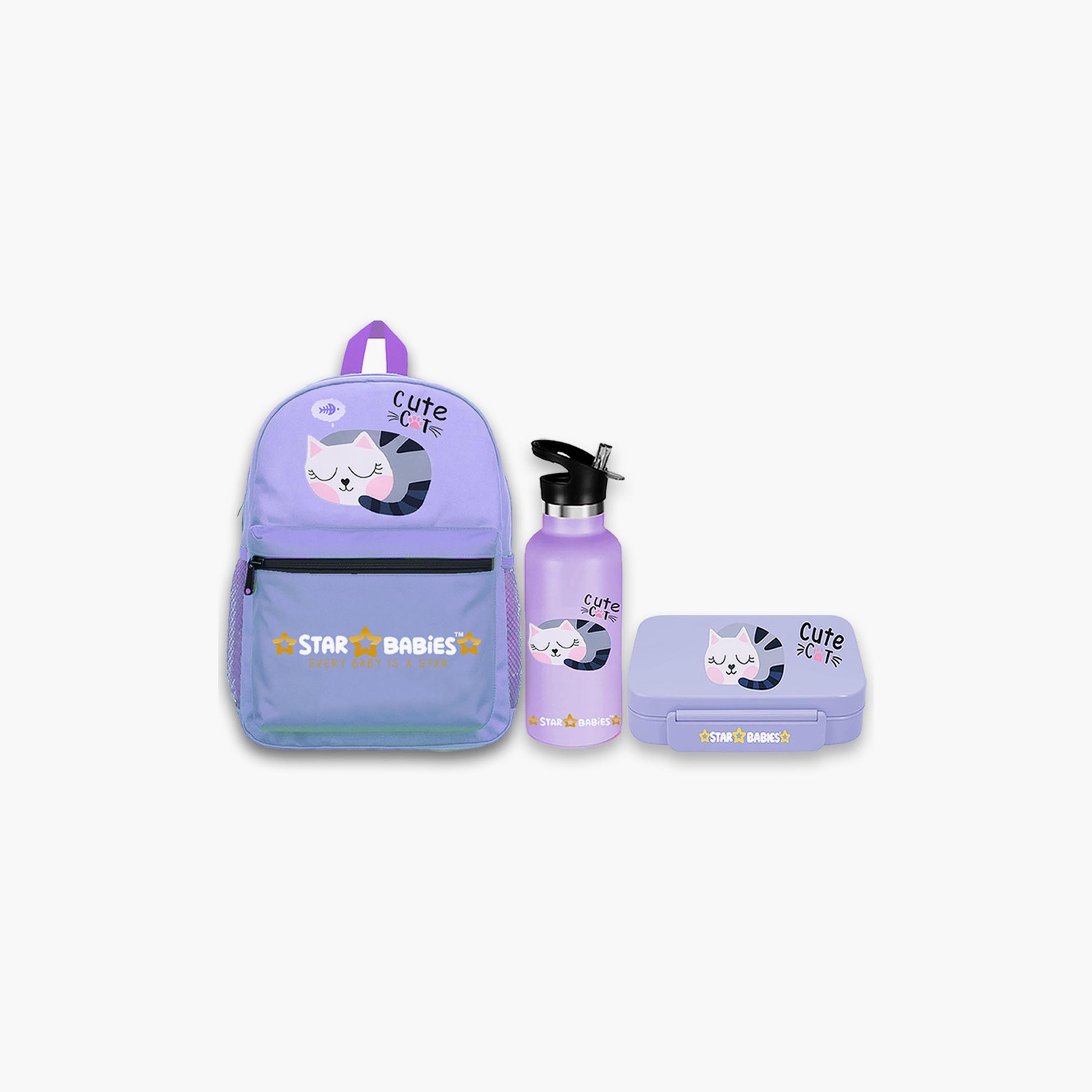 Star Babies Cute Cat Print Backpack with Water Bottle & Lunchbox Set - 16inch-school-bagsandbackpacks-sets-image-1