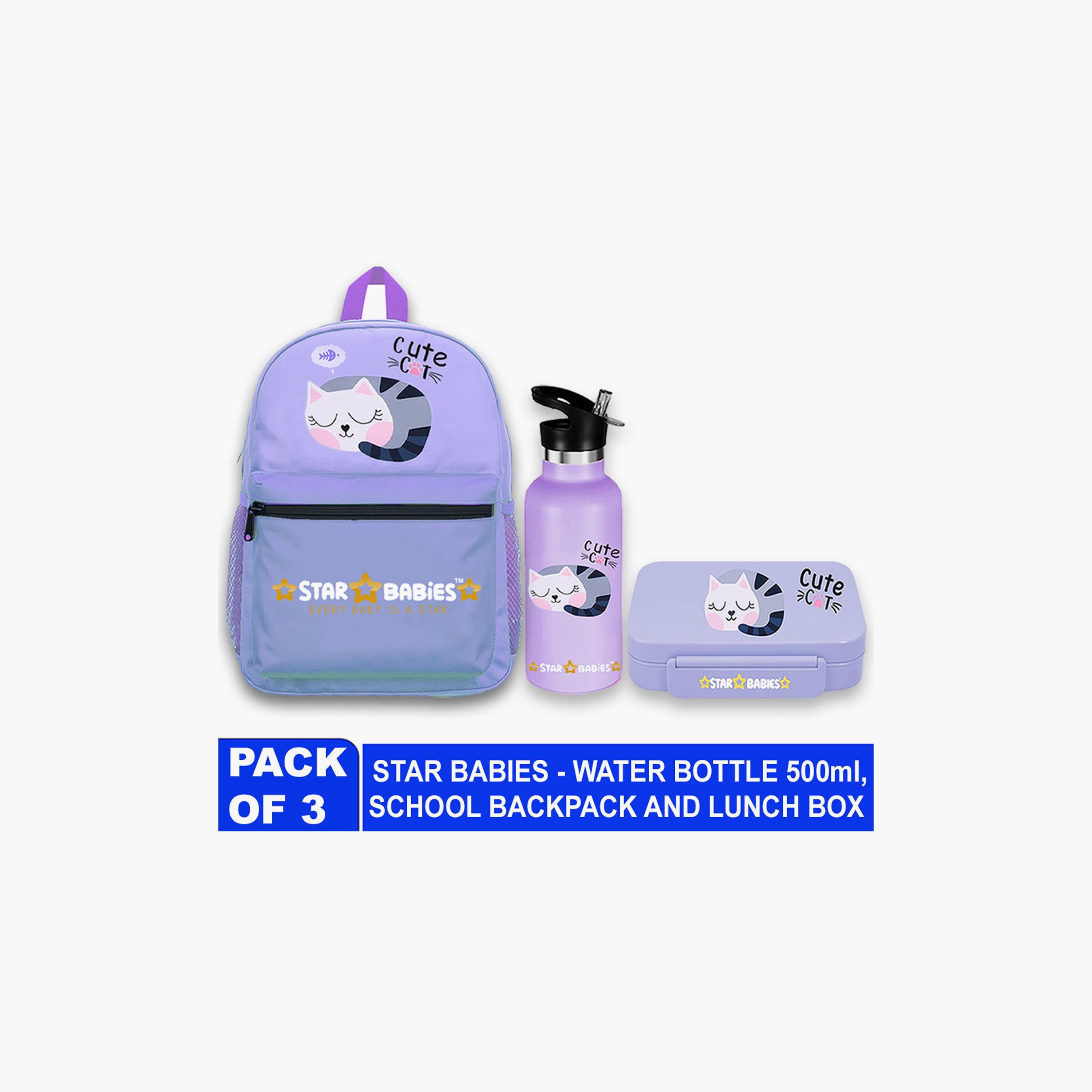 Star Babies Cute Cat Print Backpack with Water Bottle & Lunchbox Set - 16inch-school-bagsandbackpacks-sets-image-2