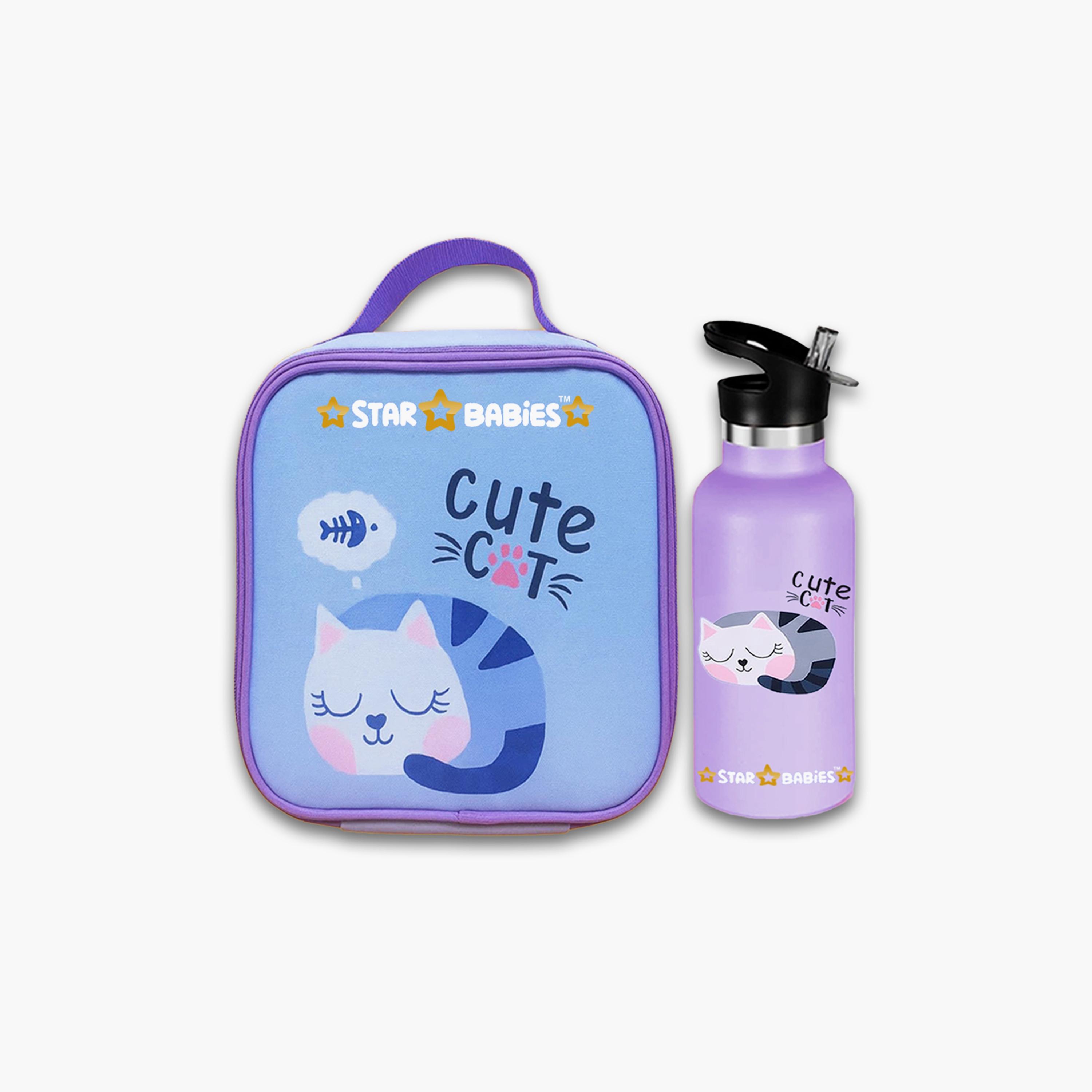 Star Babies Cute Cat Print Lunch Bag & Water Bottle Set - 9inch-school-lunchessentials-sets-image-1