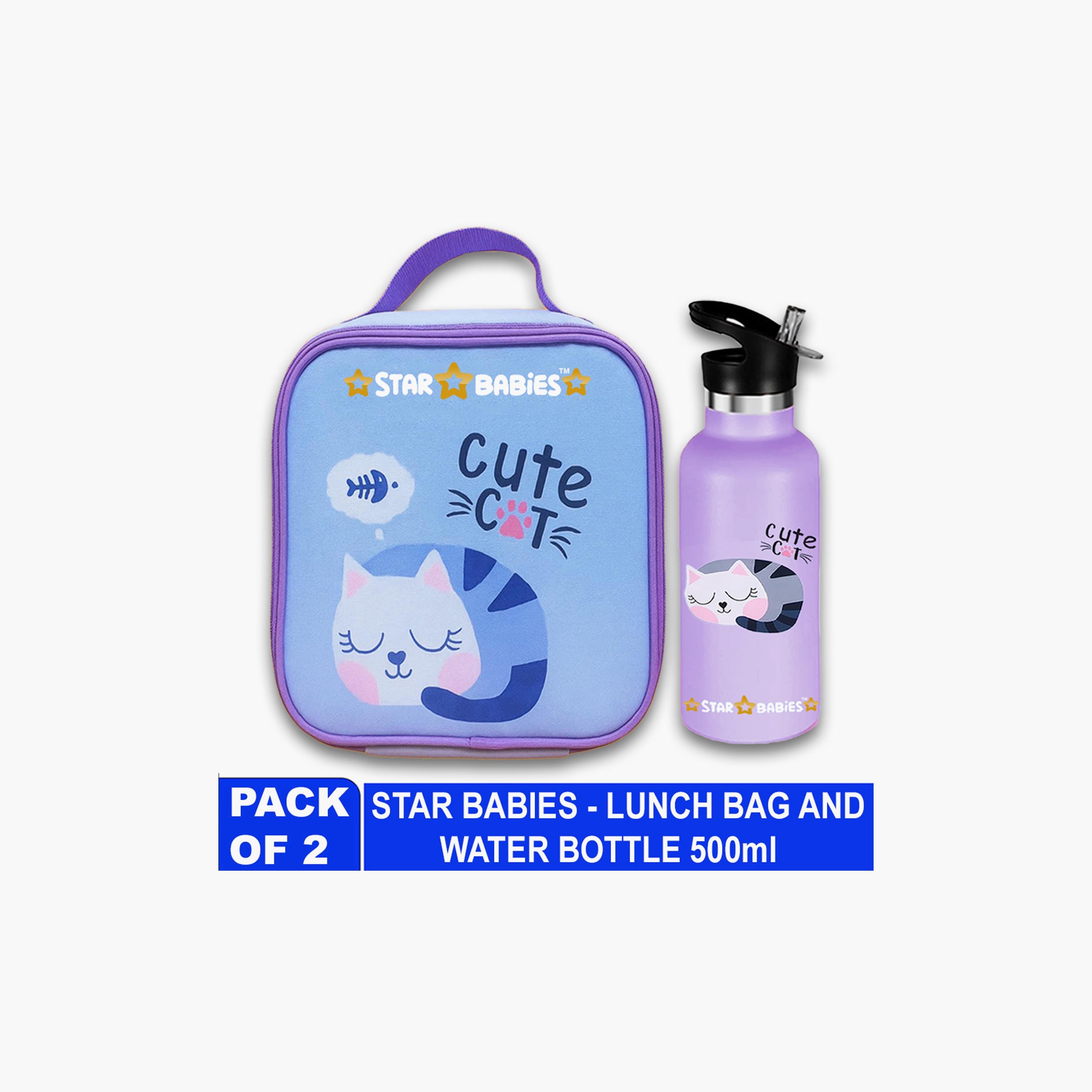 Star Babies Cute Cat Print Lunch Bag & Water Bottle Set - 9inch-school-lunchessentials-sets-image-2