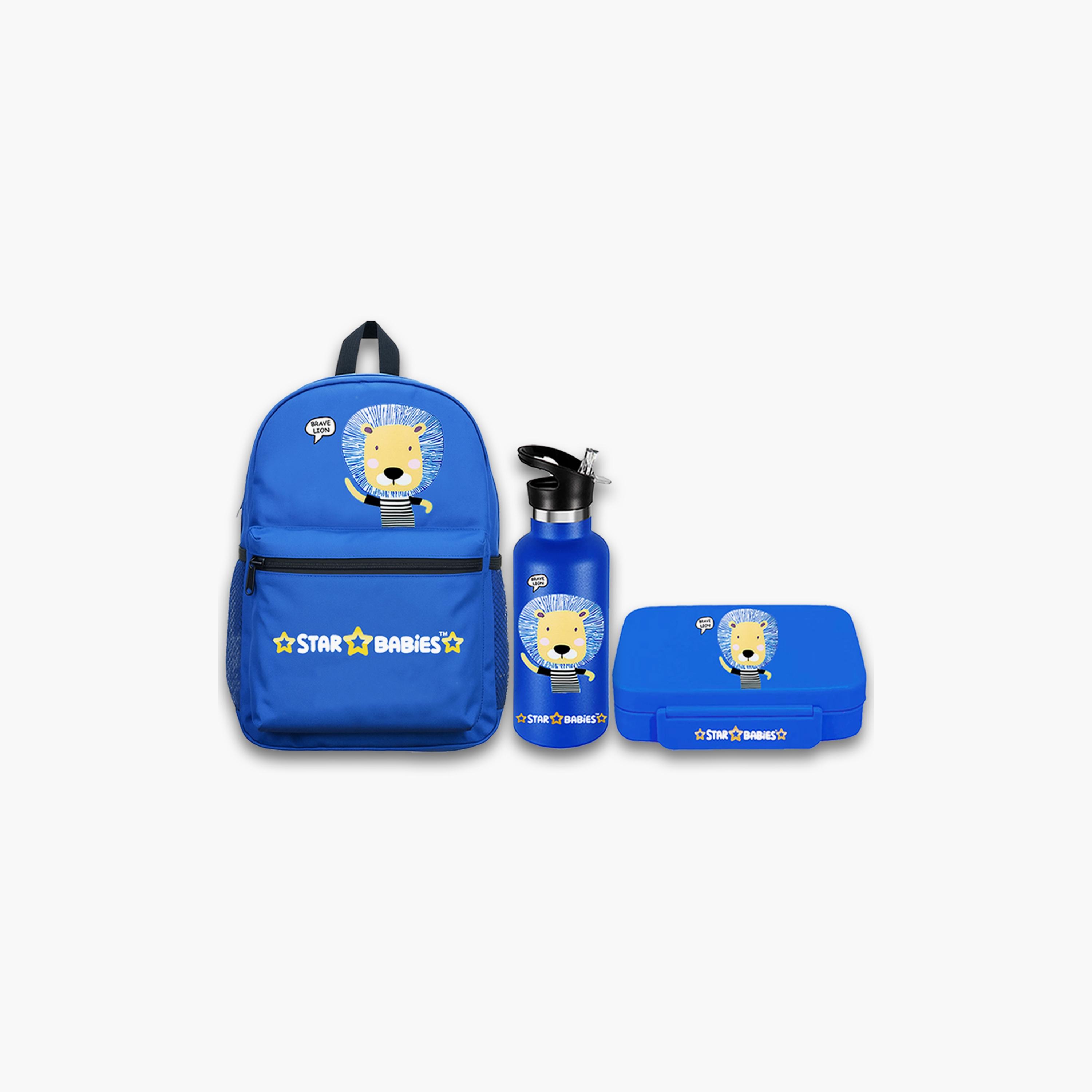 حقيبة ظهر بطبعة أسد شجاع مع زجاجة مياه وصندوق غداء من ستار بيبيز - 16 بوصة-school-bagsandbackpacks-sets-image-1