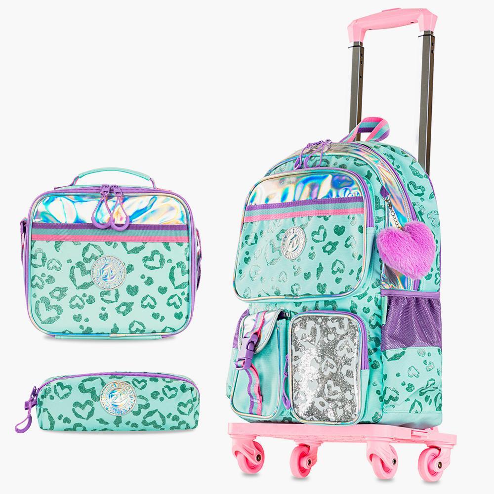 Eazy Kids 17-inch 4 Wheel Trolley School Bag with Lunch Bag and Pencil Pouch - 33x13x43 cm