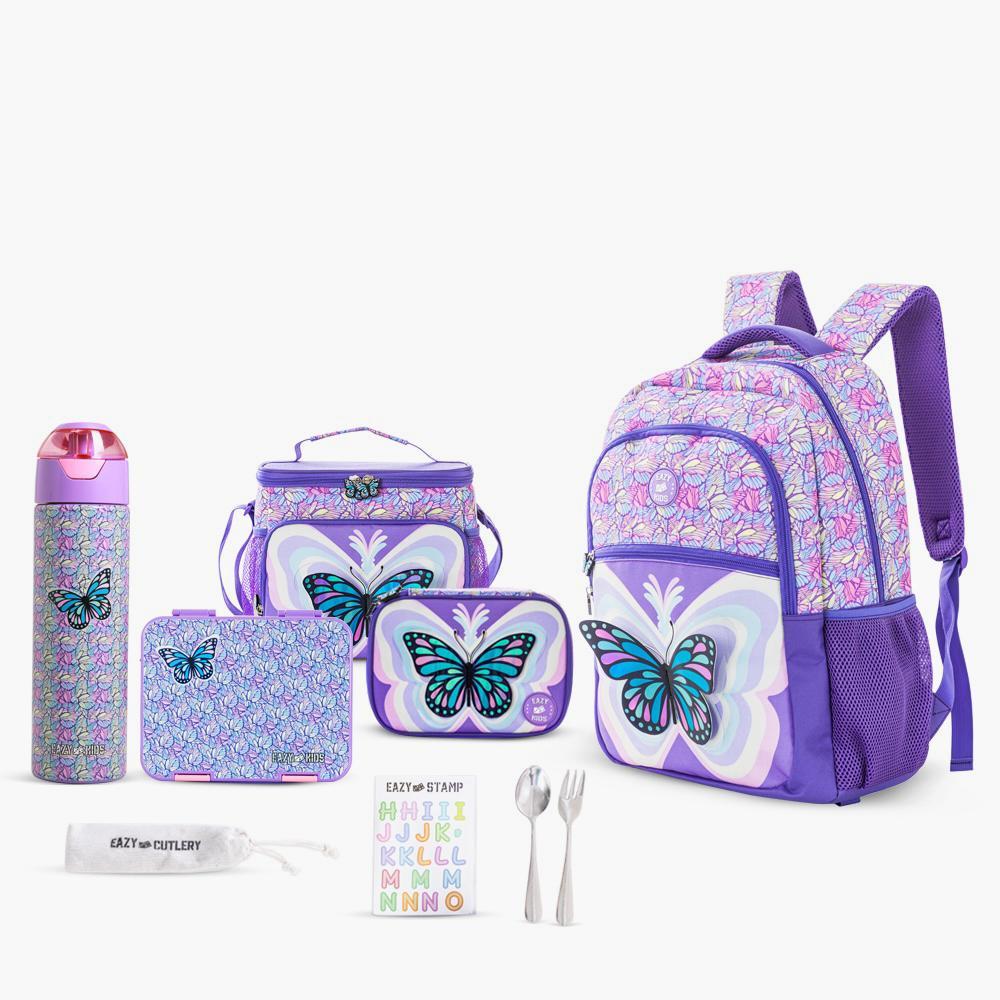 Eazy Kids 3D Butterlfy 5-Piece 18-inch Backpack with Water Bottle and Lunch Bag Set - 32x14x46 cm