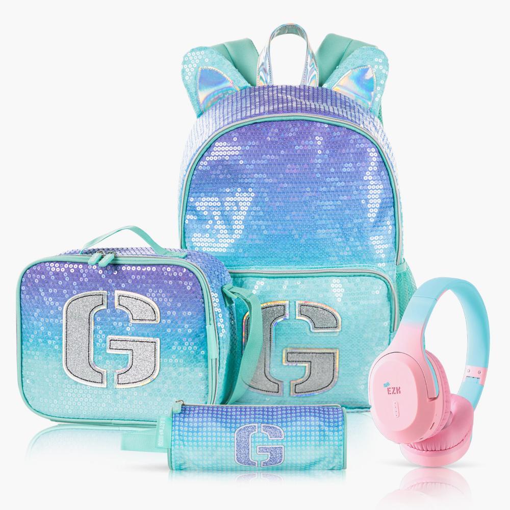 Eazy Kids Glitter 4-Piece 17-inch Backpack with BT Headset and Lunch Bag Set - 30x14x42 cm