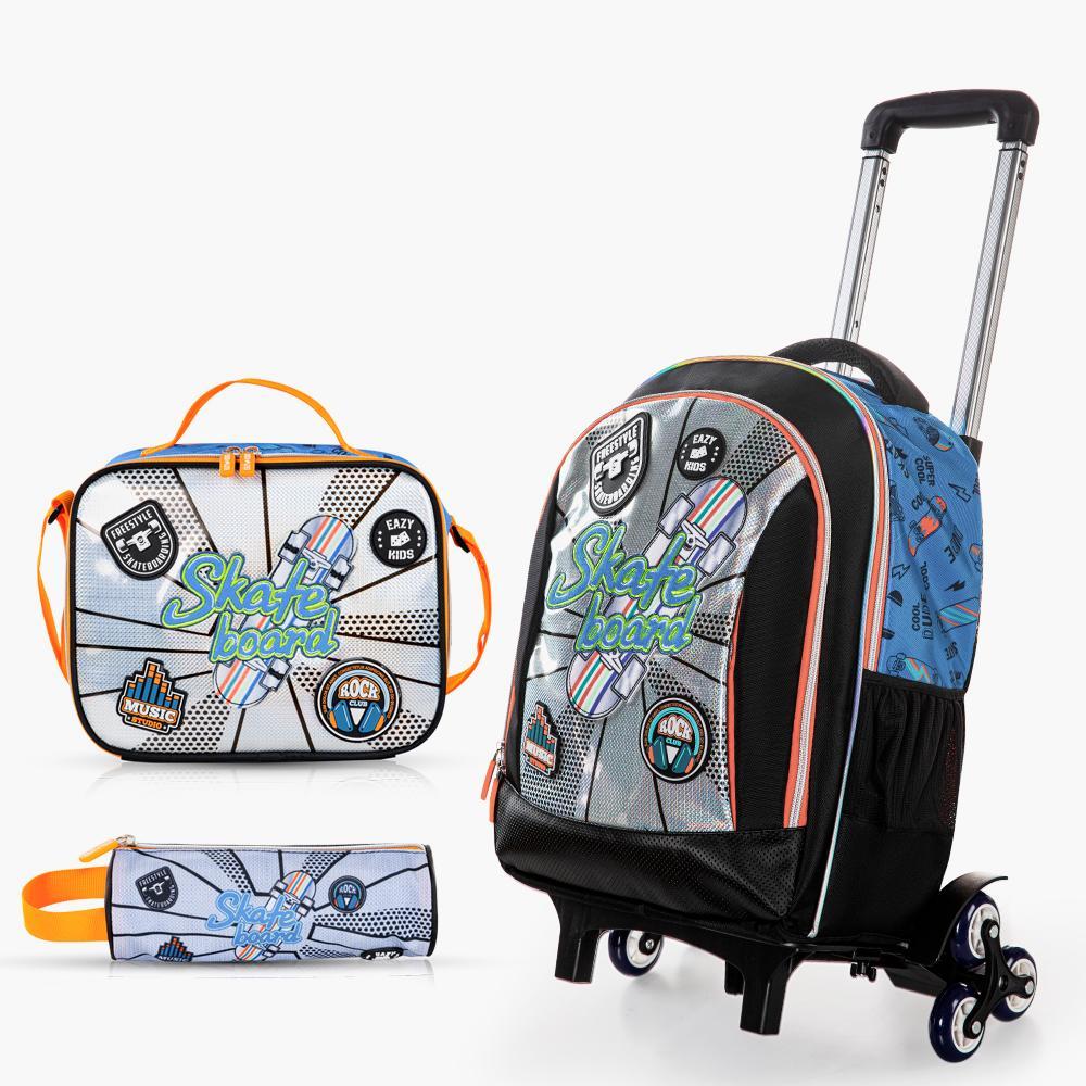 Eazy Kids Printed 4-Piece 17-inch Backpack with Trolley and Lunch Bag Set - 30x16x42 cm