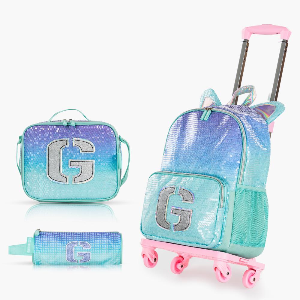 Eazy Kids Girl Glitter 4-Piece 17-inch Backpack with Pencil Case and Lunch Bag Set - 30x14x42 cm