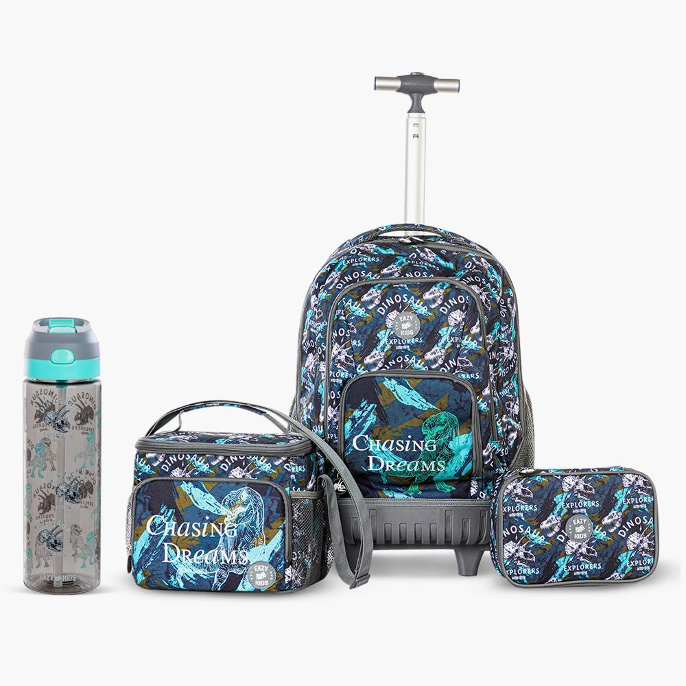 Eazy Kids T Rex 4-Piece 18-inch Trolley Backpack with Lunch Bag and Pencil Pouch Set - 32x20x45 cm