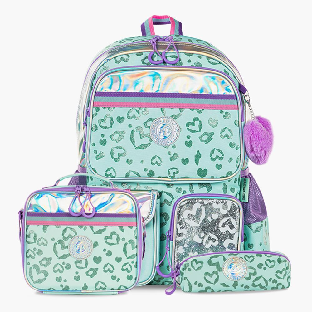 Eazy Kids Love Green 17-inch Backpack with Lunch Bag and Pencil Pouch - 33x13x43 cm
