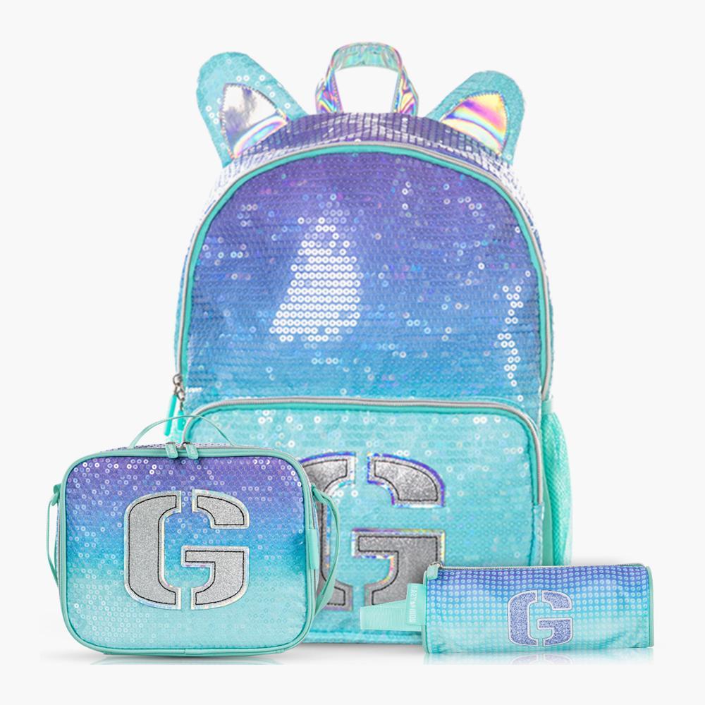 Eazy Kids Girl Glitter 17-inch Backpack with Lunch Bag and Pencil Case - 30x14x42 cm