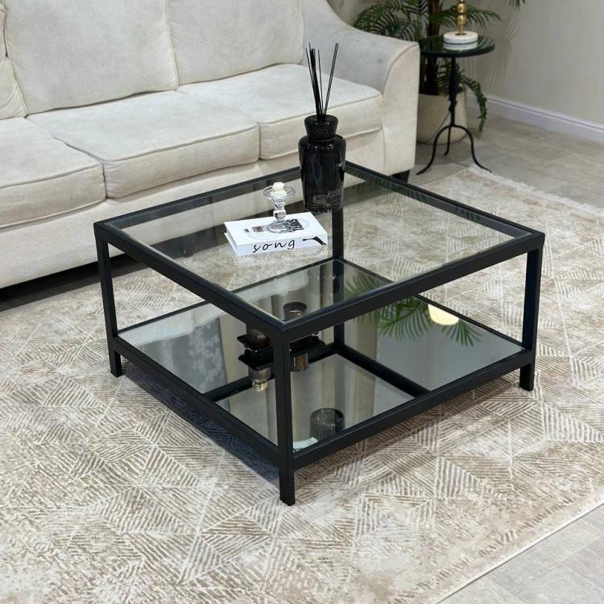 Glass Top 2-Tier Coffee Table with Mirrors - 90x90x50 cms-furniture-livingroom-coffeetables-image-2