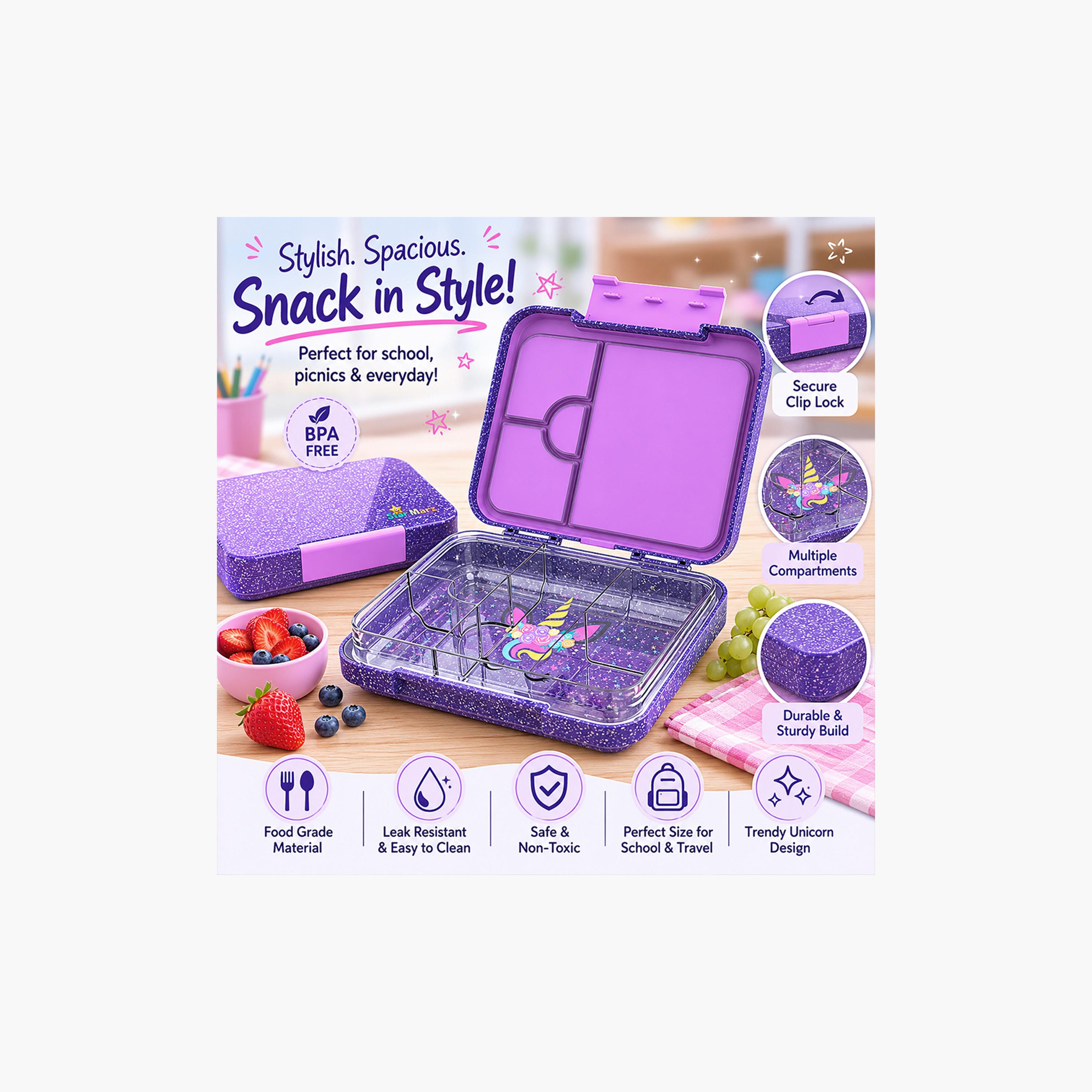 Starmarz Bento Glitter Lunch Box – Unicorn Theme – 4–6 Compartments, 1195ml, Sandwich Cutters, Fruit Pickers & Detachable Tray – Multicolor-school-lunchessentials-lunchboxes-image-5