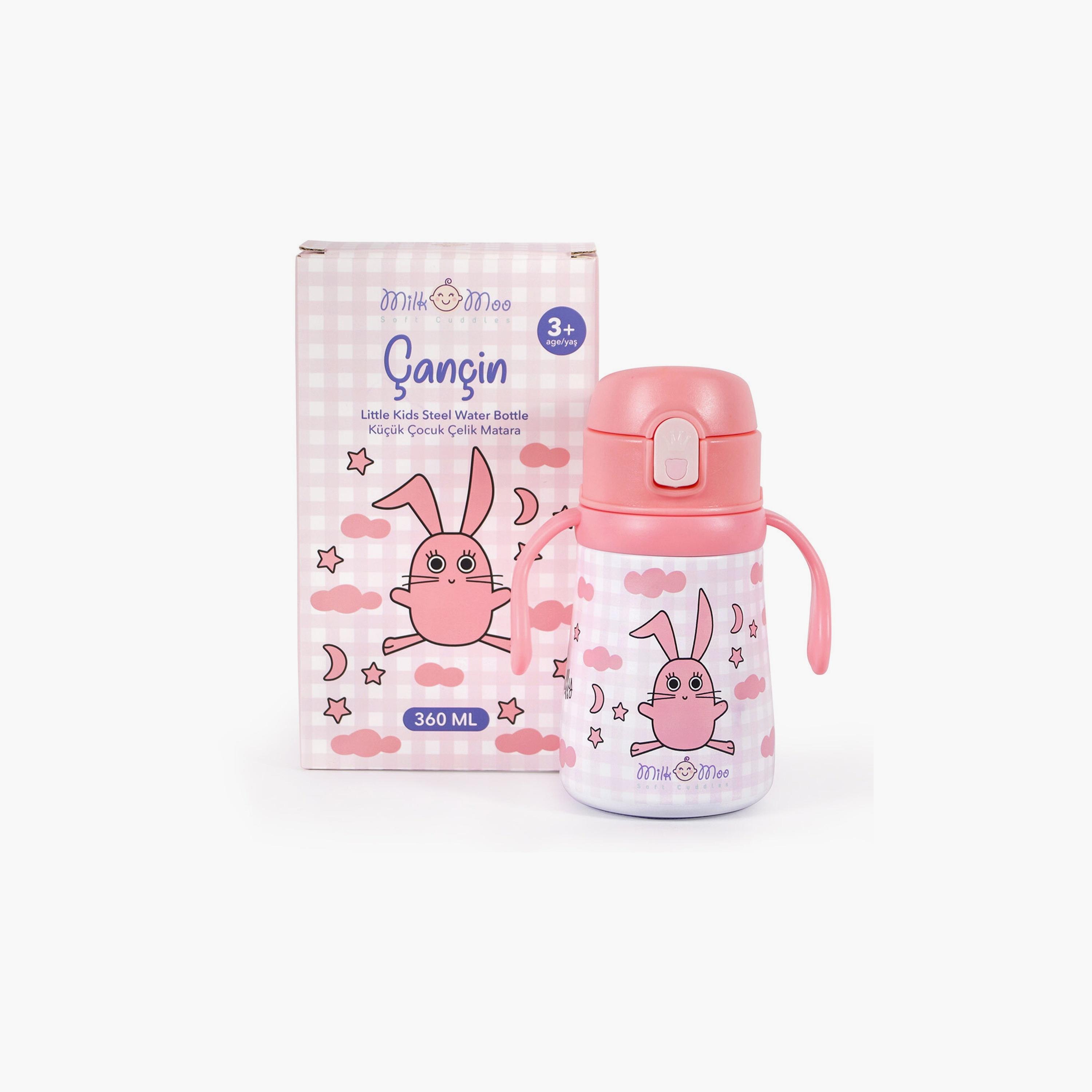 ترمس من الستانلس ستيل مطبوع عليه أرنب من بيج ديزاين - 360 مل - وردي-school-waterbottles-image-2