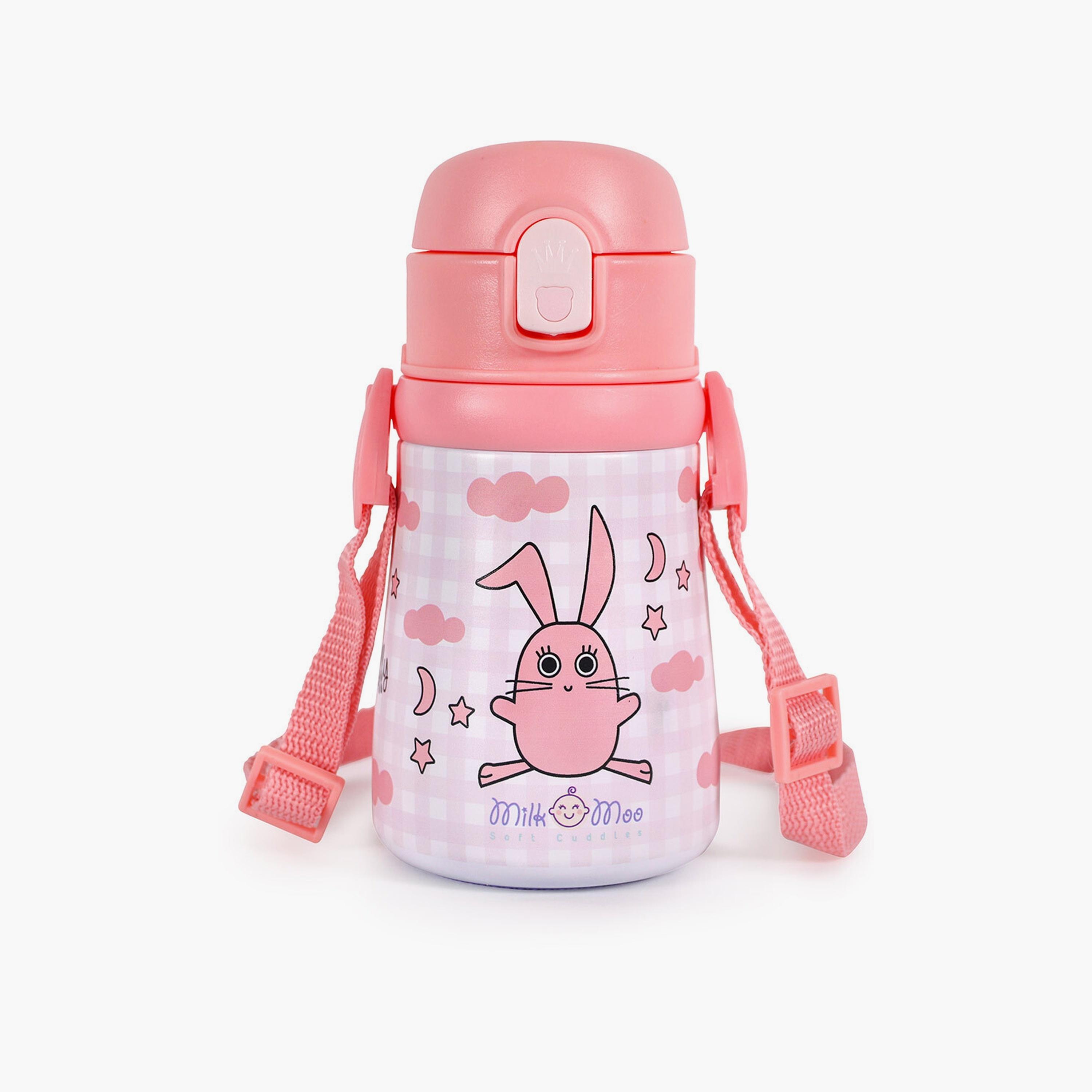 ترمس من الستانلس ستيل مطبوع عليه أرنب من بيج ديزاين - 360 مل - وردي-school-waterbottles-image-3