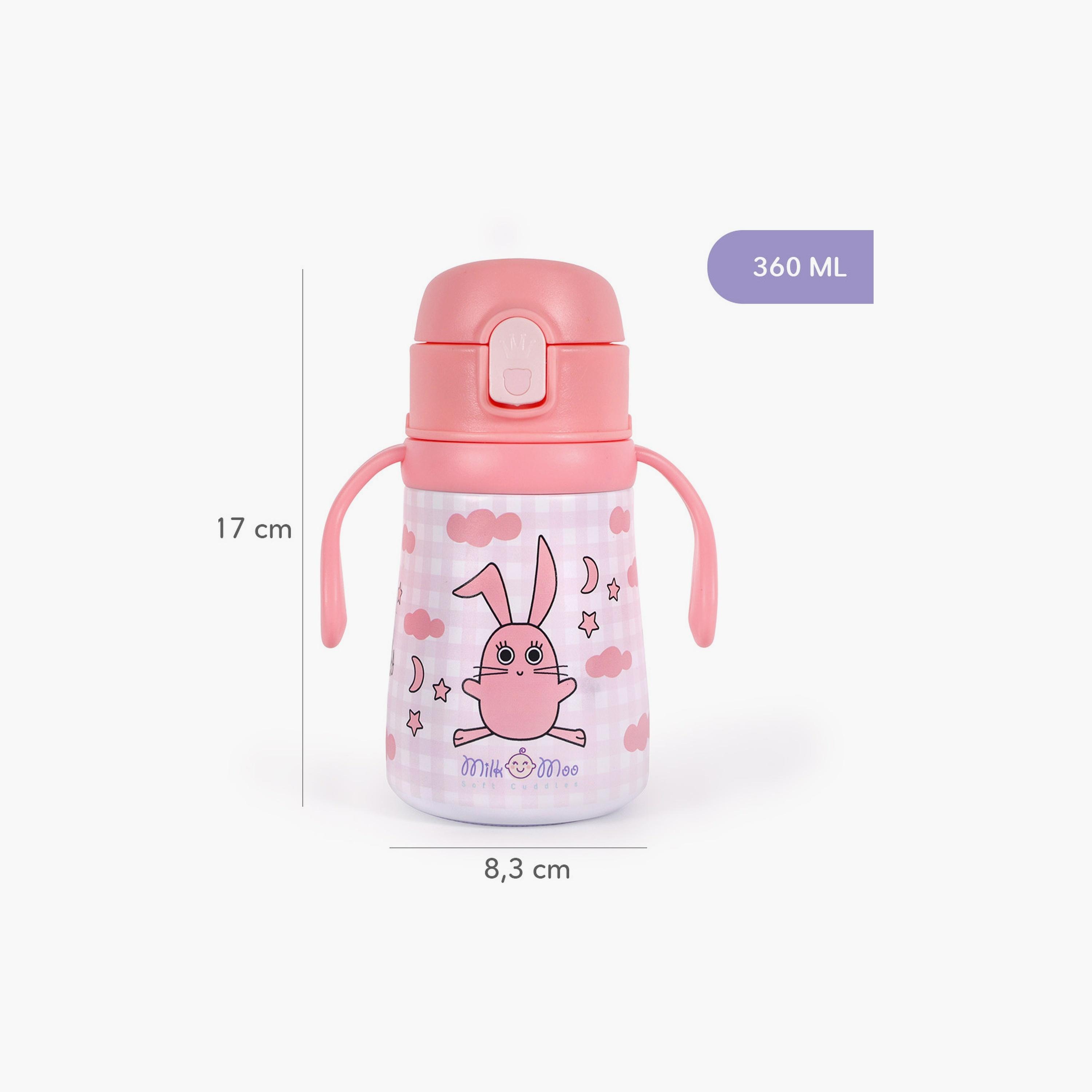 ترمس من الستانلس ستيل مطبوع عليه أرنب من بيج ديزاين - 360 مل - وردي-school-waterbottles-image-4