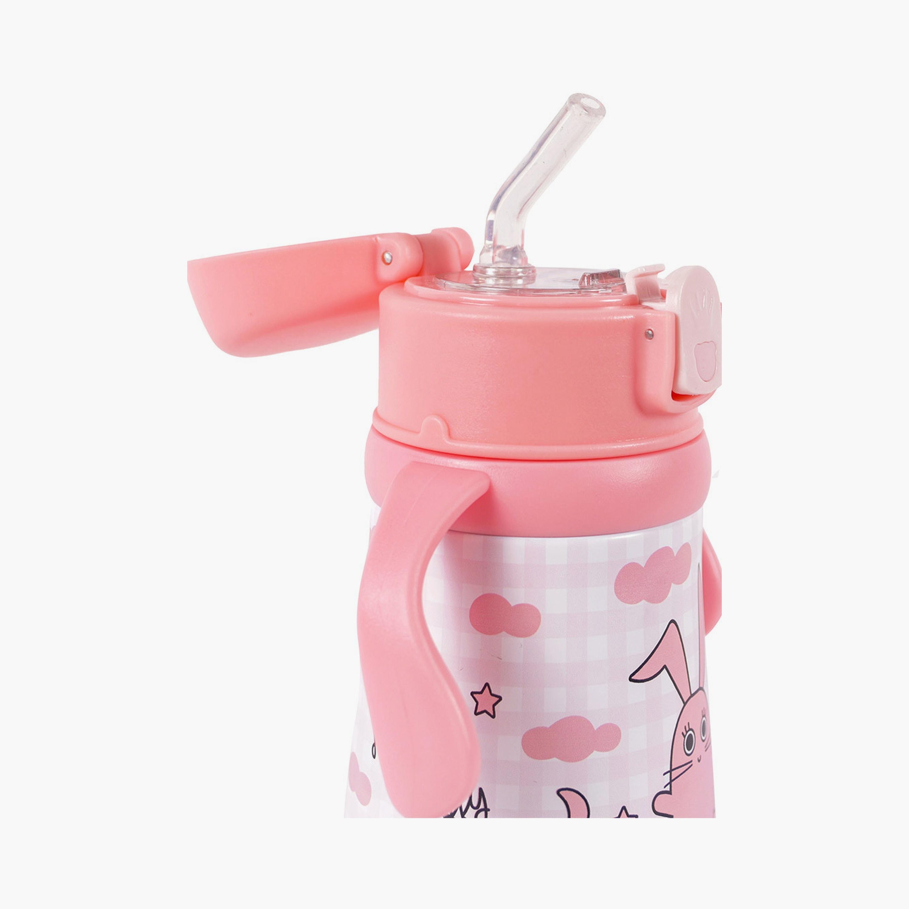 ترمس من الستانلس ستيل مطبوع عليه أرنب من بيج ديزاين - 360 مل - وردي-school-waterbottles-image-5