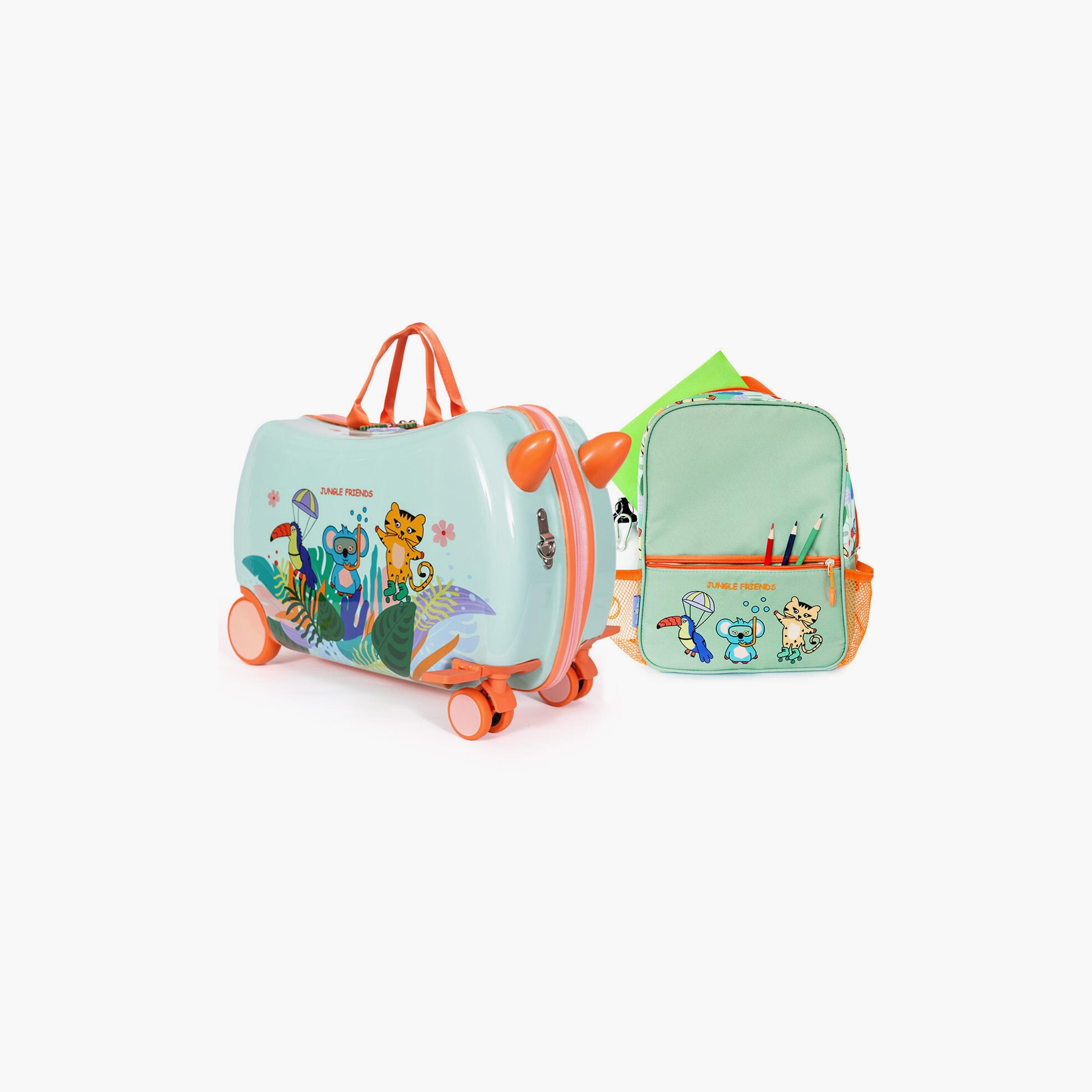 Biggdesign Jungle Friends Printed Ride-On Suitcase & Kids Backpack Set - Green-school-bagsandbackpacks-sets-image-1