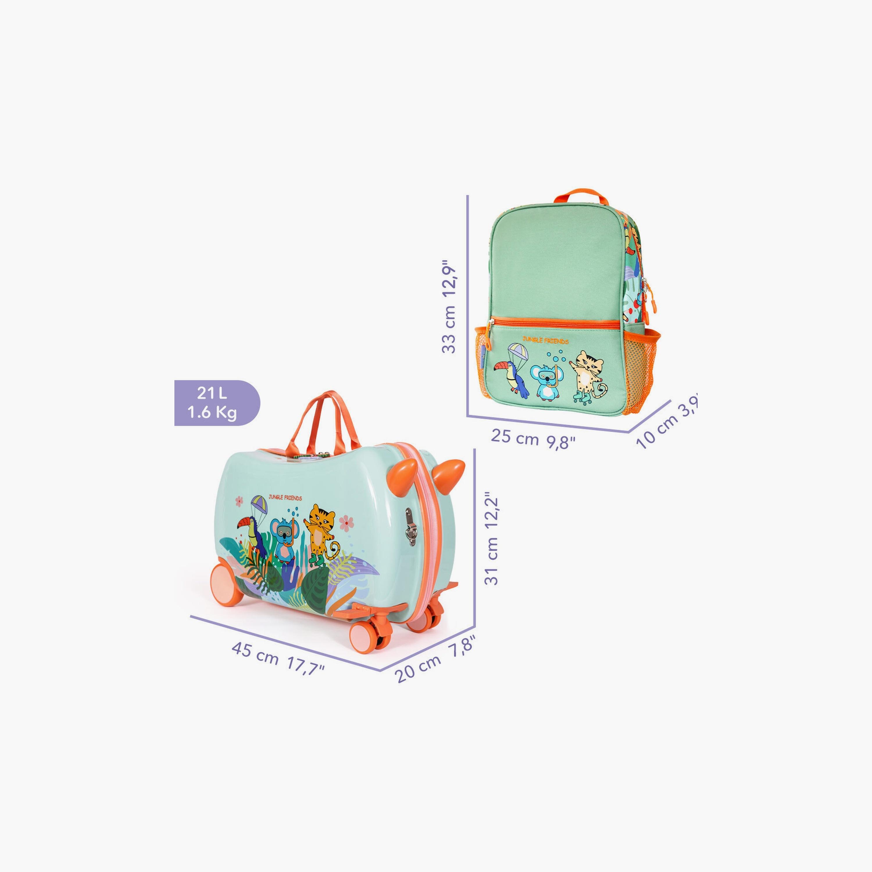 Biggdesign Jungle Friends Printed Ride-On Suitcase & Kids Backpack Set - Green-school-bagsandbackpacks-sets-image-3