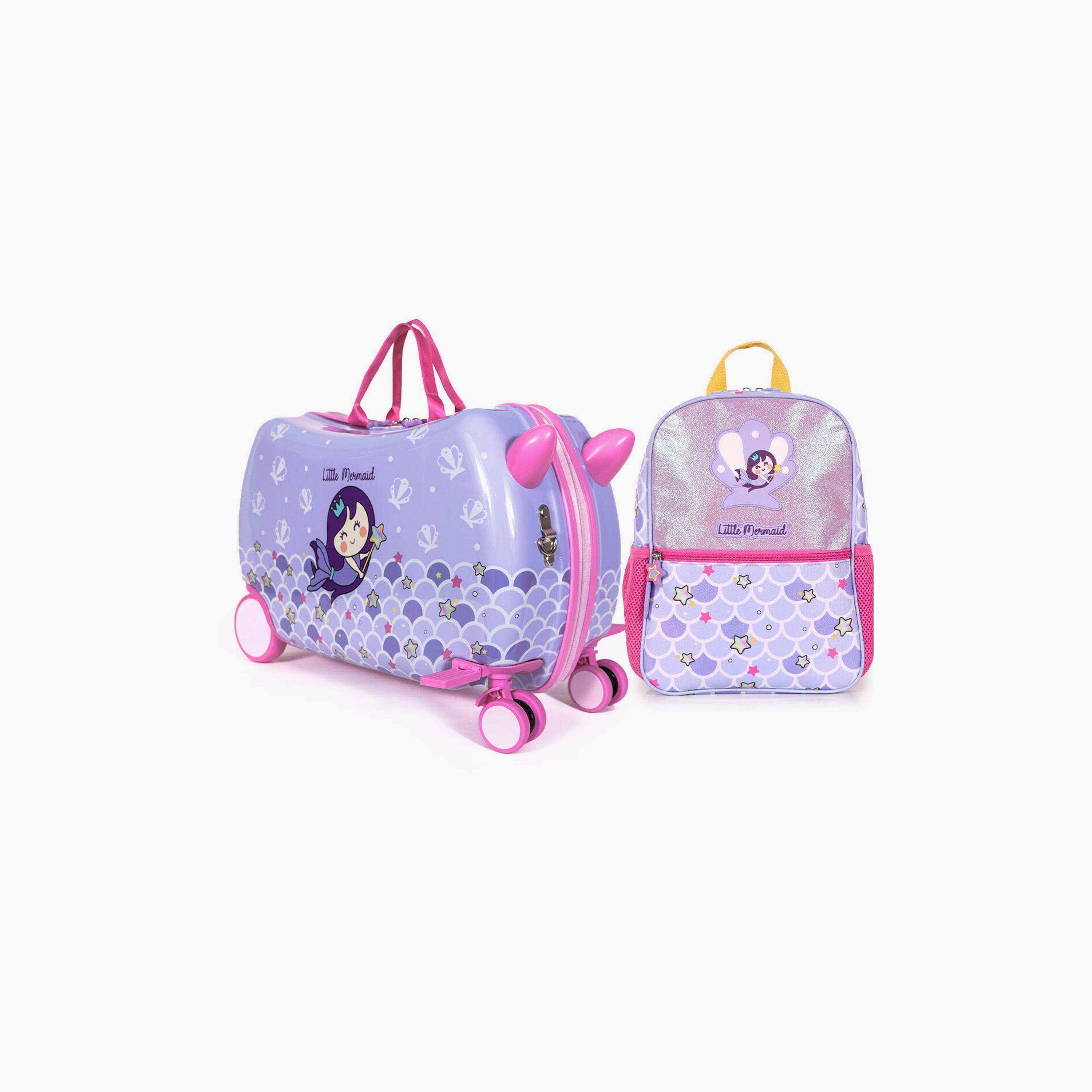 Biggdesign Little Mermaid Printed Ride-On Suitcase & Kids Backpack Set - Purple-school-bagsandbackpacks-sets-image-1