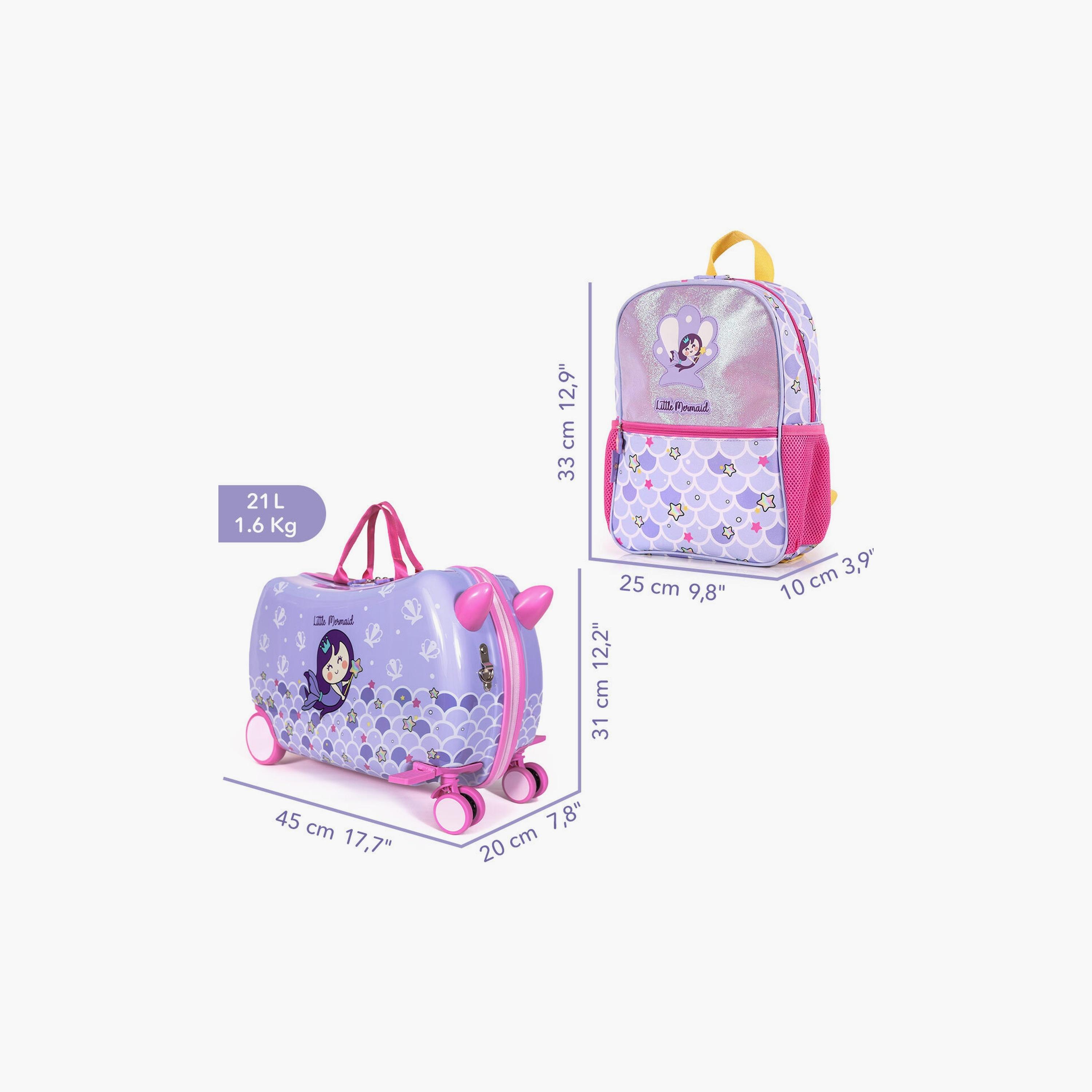 Biggdesign Little Mermaid Printed Ride-On Suitcase & Kids Backpack Set - Purple-school-bagsandbackpacks-sets-image-2