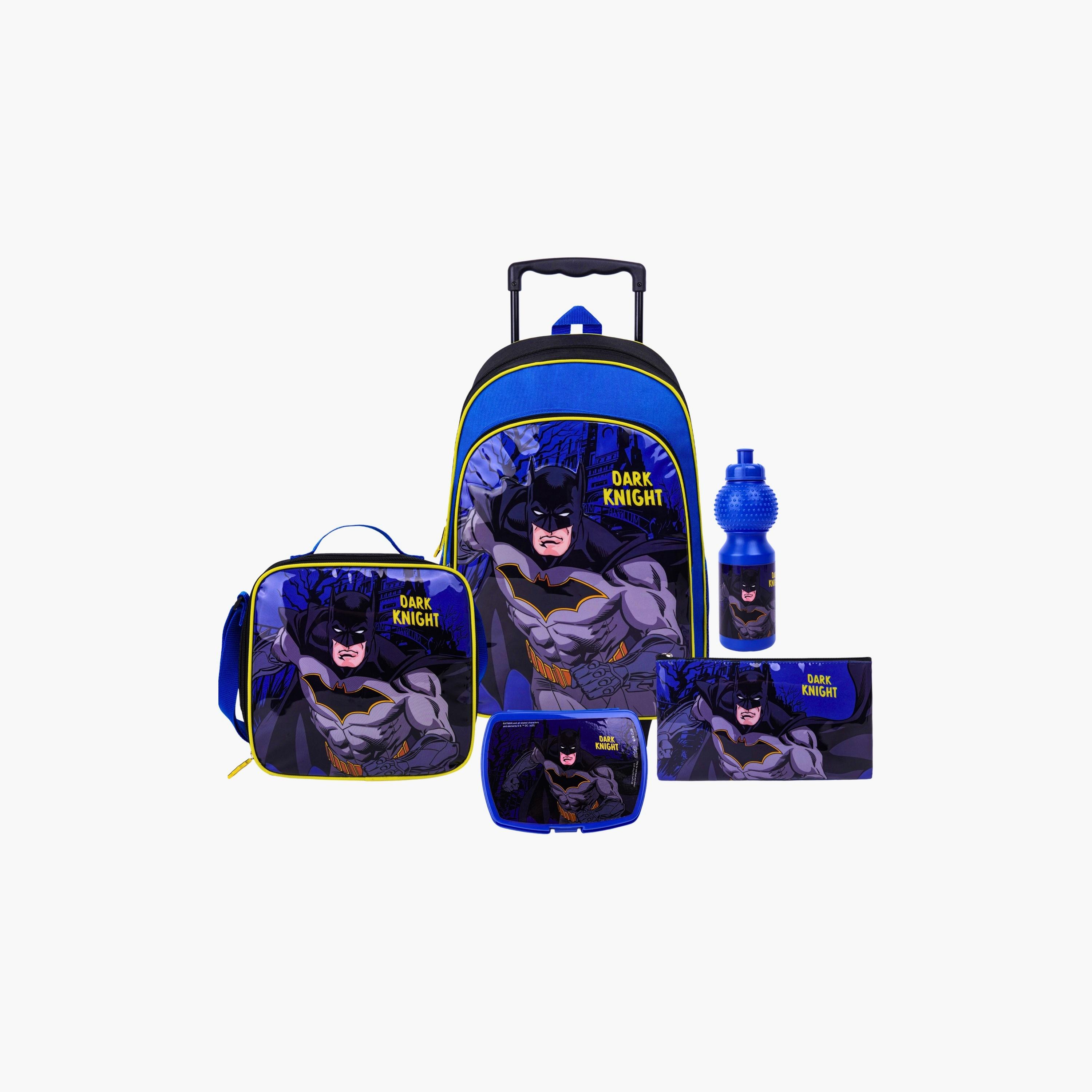 Warner Bros 5-Piece Batman Printed Trolley Backpack Set - 18 inch - Blue-school-bagsandbackpacks-trolleybags-image-1