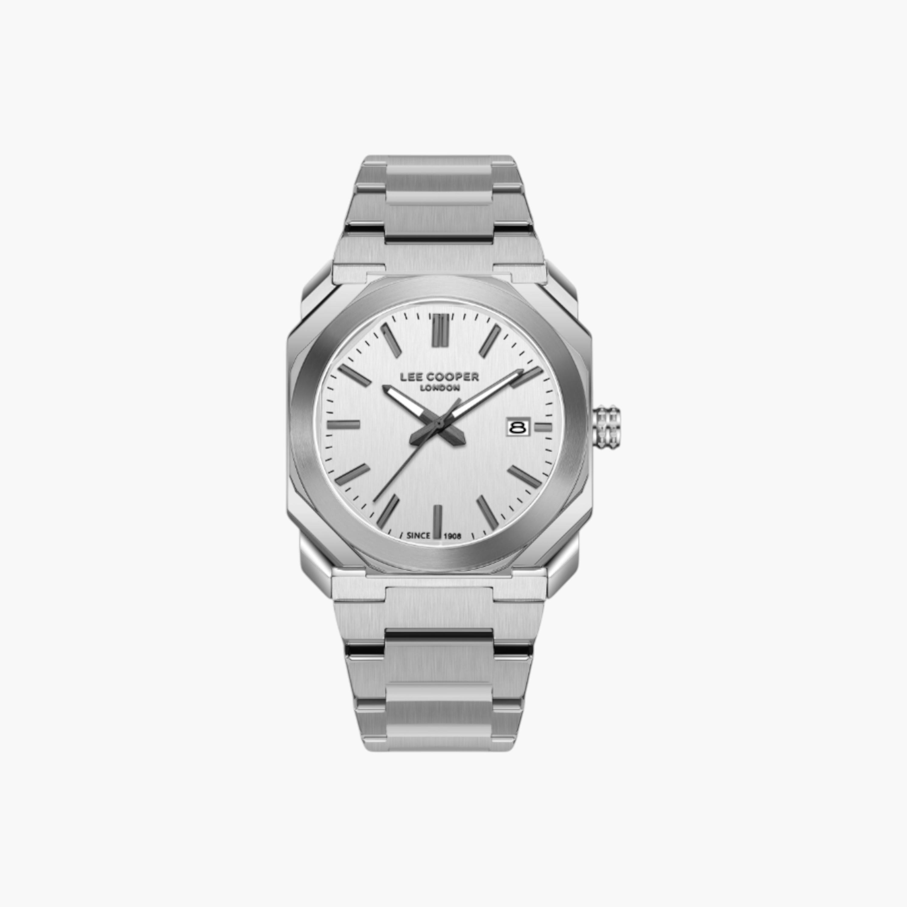 ساعة يد تناظرية بقرص فضي وسوار معدني من لي كوبر-men-watchesandjewellery-watches-image-1