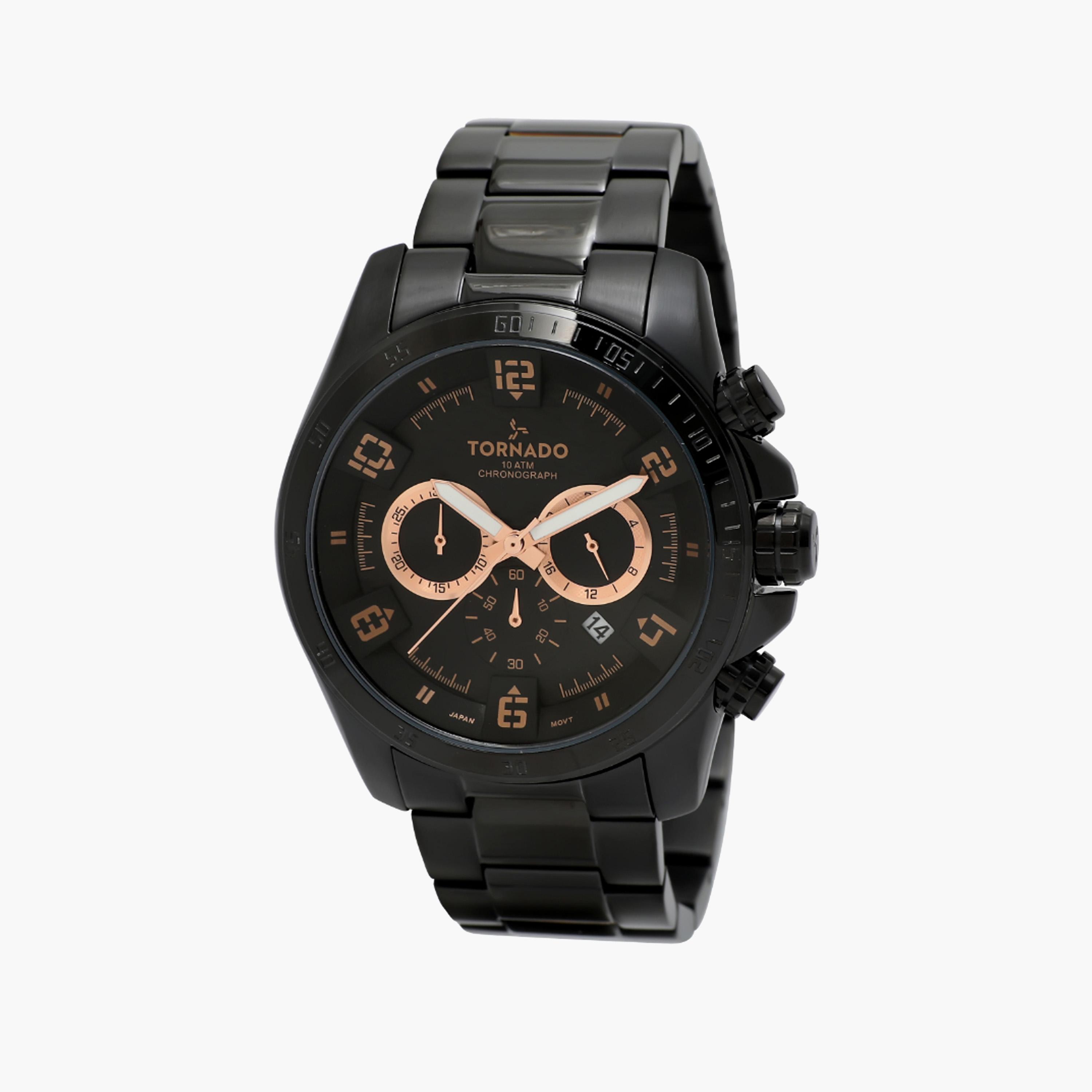 ساعة كرونوغراف ستانليس ستيل بقرص أسود من تورنادو-men-watchesandjewellery-watches-image-1