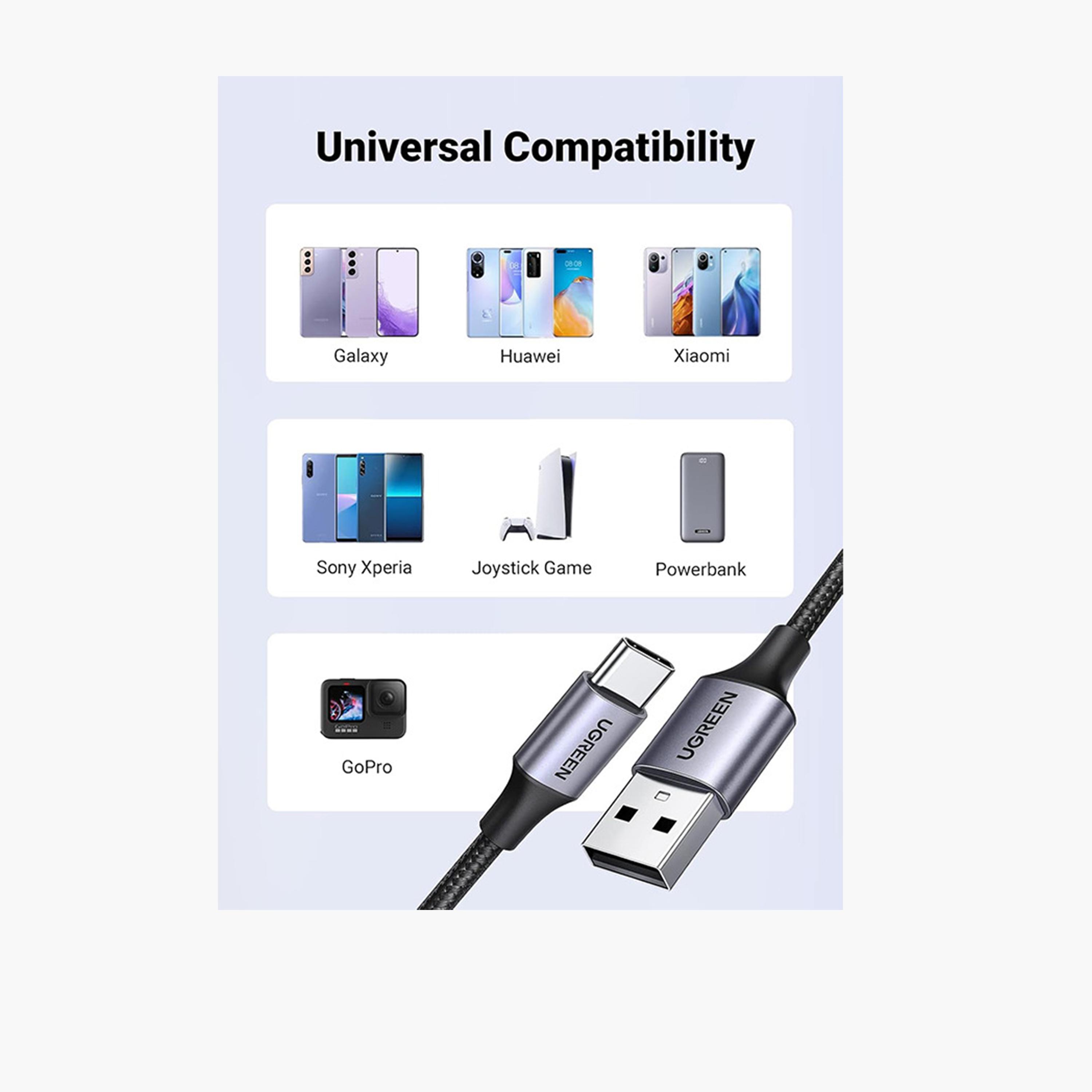 Ugreen Charging Cable Nylon Braided Fast Charging USB To USB-C 1m - Gray-electronics-accessories-mobileaccesories-image-2