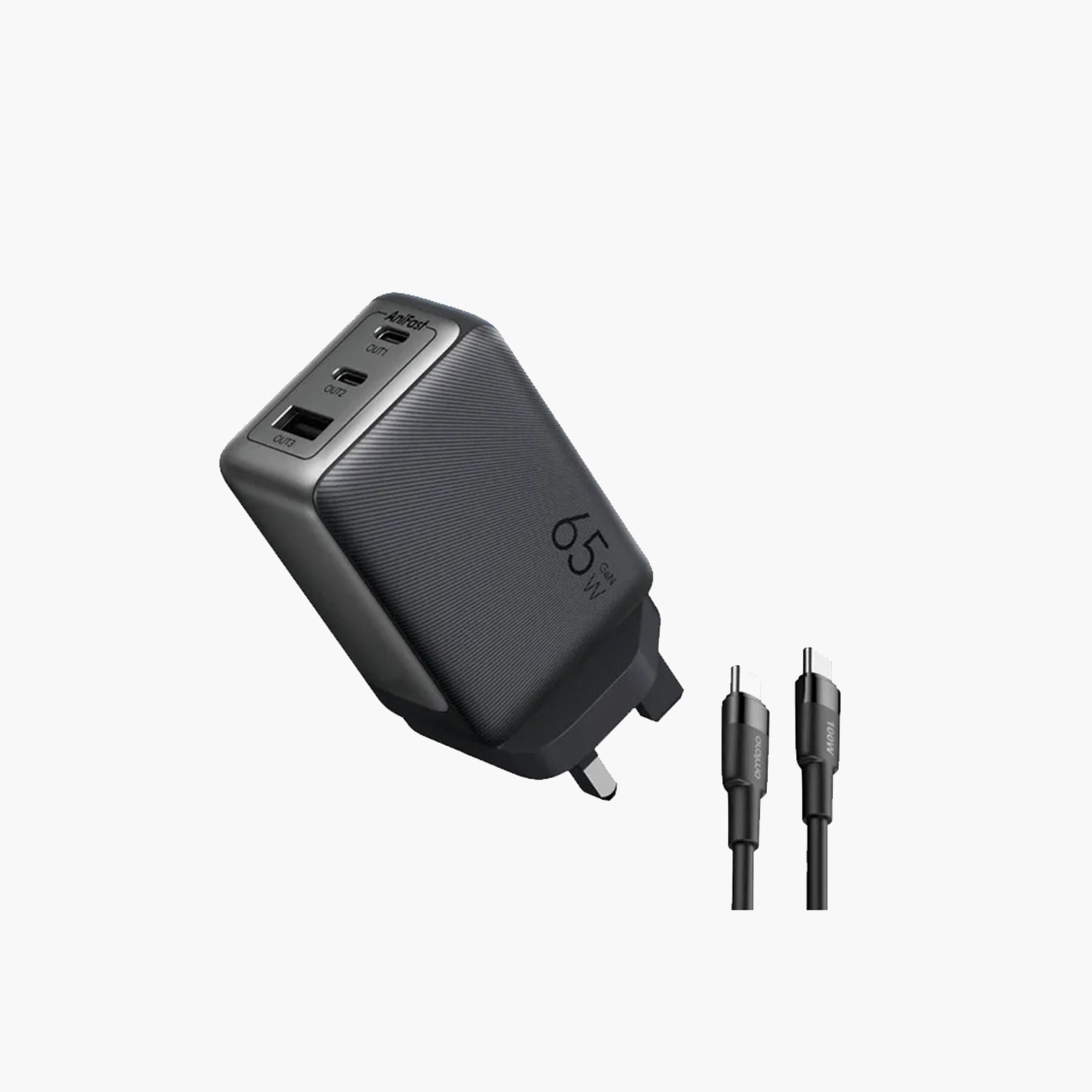Oraimo Wall Charger HyperGaN 2 USB-C and USB Ports 65W With USB-C Cable - Black-electronics-accessories-mobileaccesories-image-1