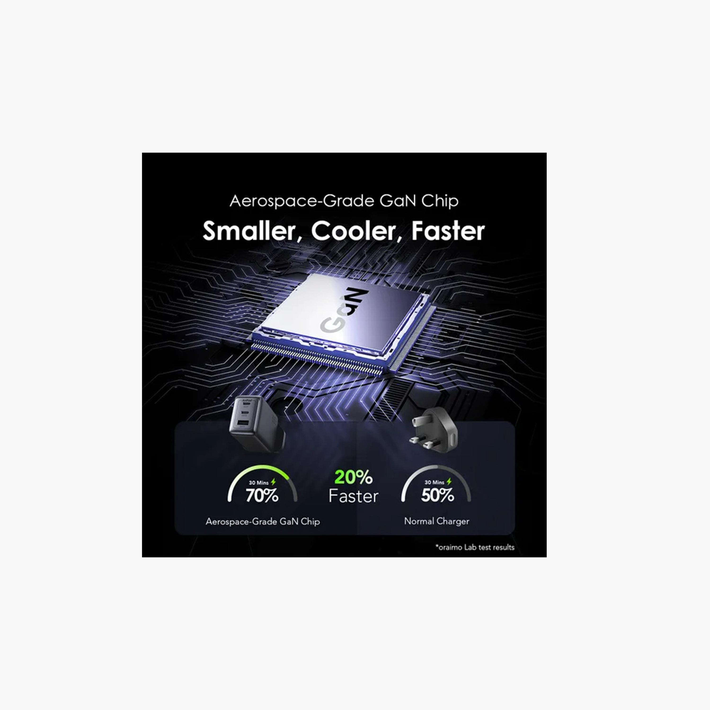 Oraimo Wall Charger HyperGaN 2 USB-C and USB Ports 65W With USB-C Cable - Black-electronics-accessories-mobileaccesories-image-2