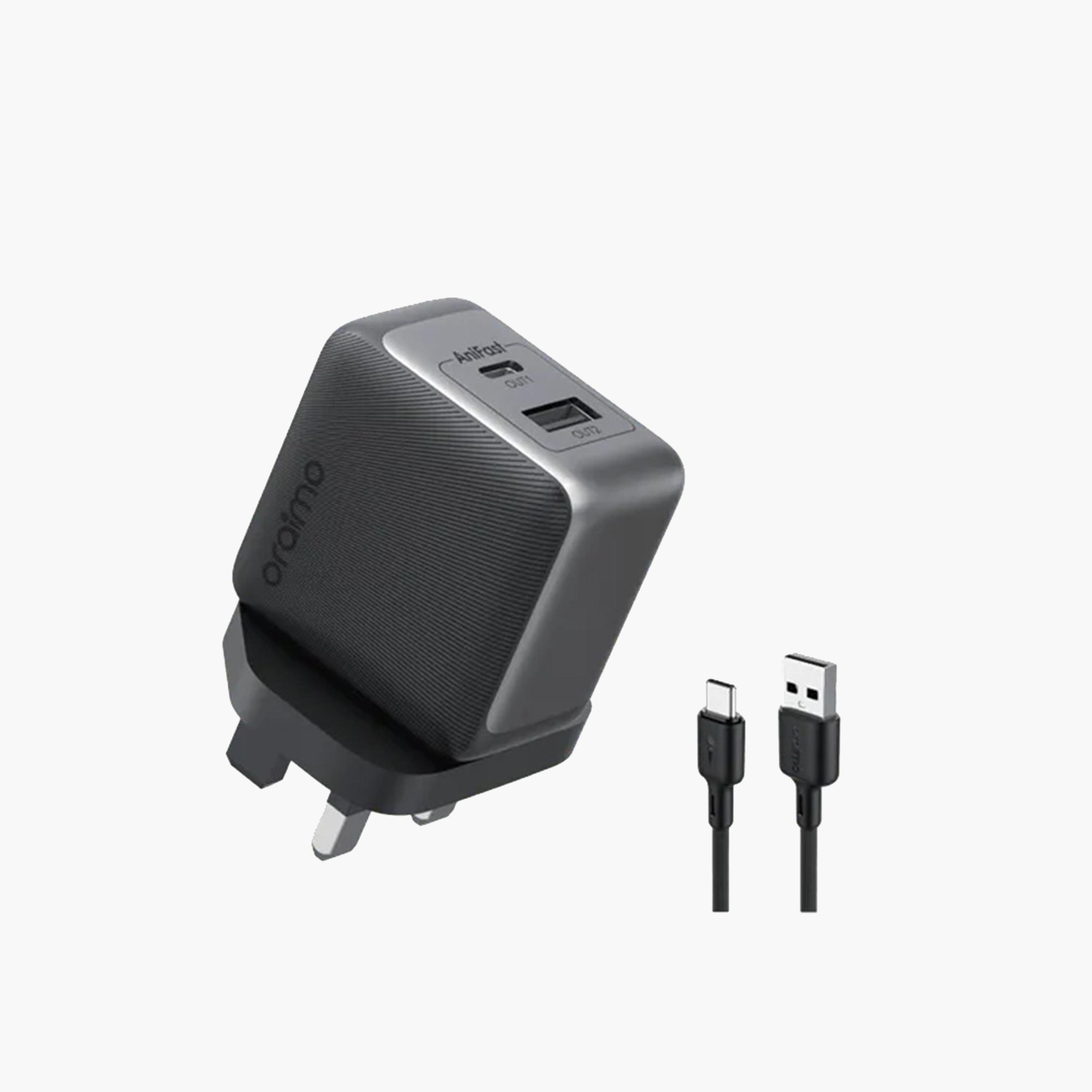 Oraimo Wall Charger PowerGaN 33 Pro USB-C and USB Ports 33W With Cable USB To USB-C - Black-electronics-accessories-mobileaccesories-image-1