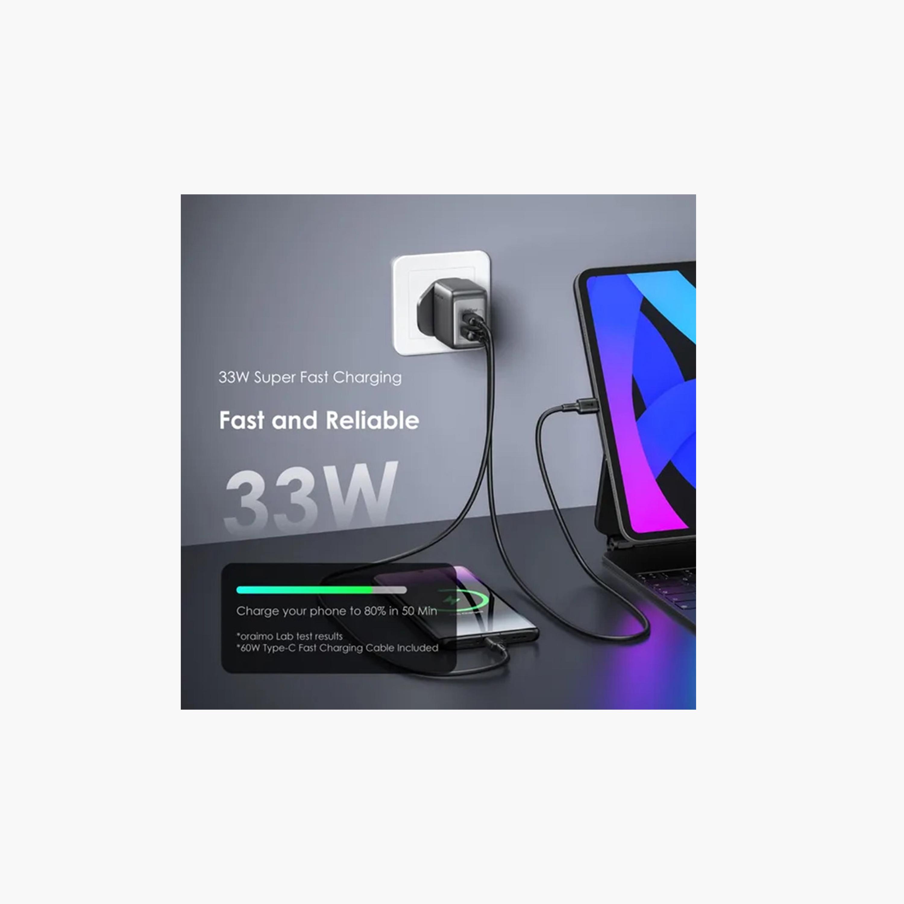 Oraimo Wall Charger PowerGaN 33 Pro USB-C and USB Ports 33W With Cable USB To USB-C - Black-electronics-accessories-mobileaccesories-image-2