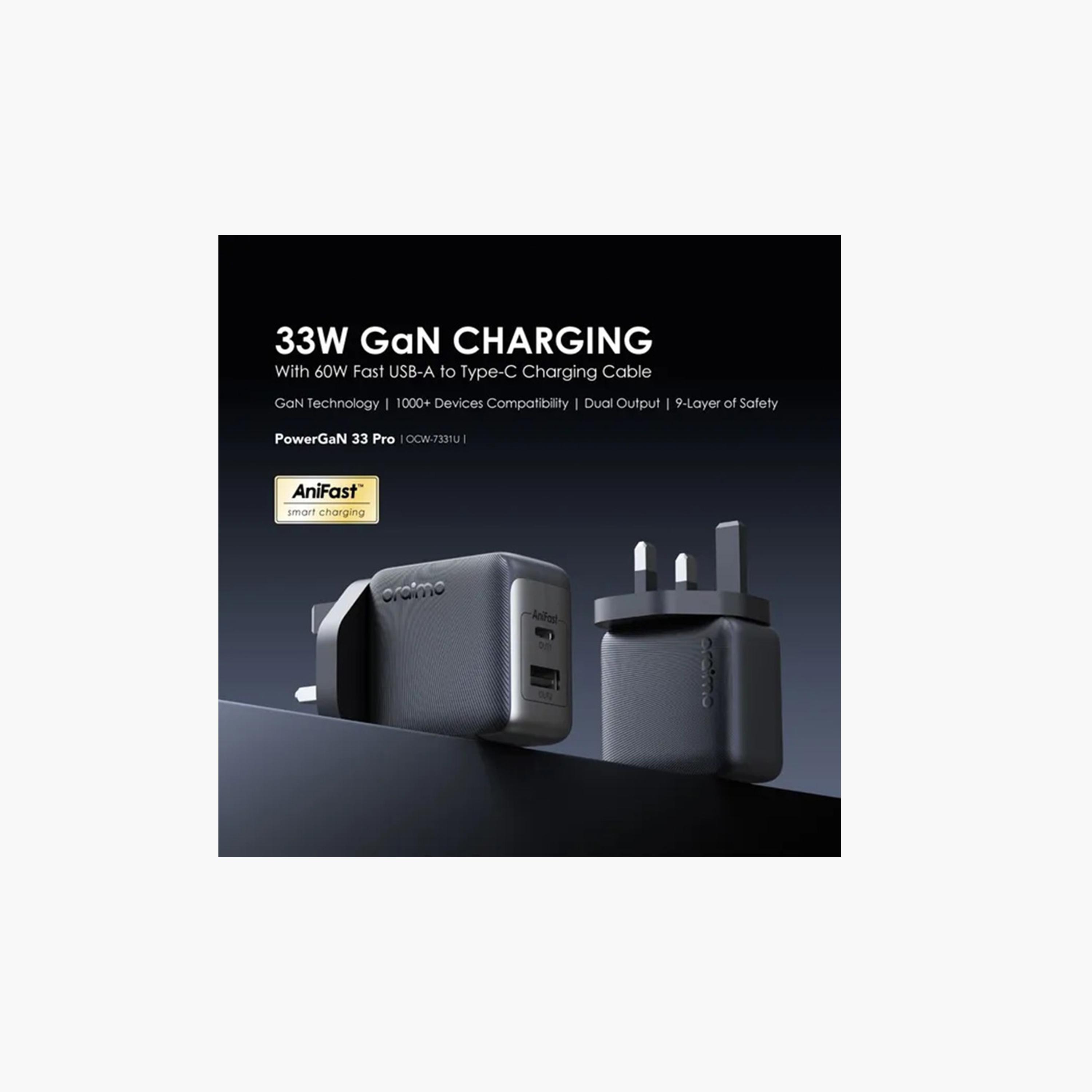 Oraimo Wall Charger PowerGaN 33 Pro USB-C and USB Ports 33W With Cable USB To USB-C - Black-electronics-accessories-mobileaccesories-image-3