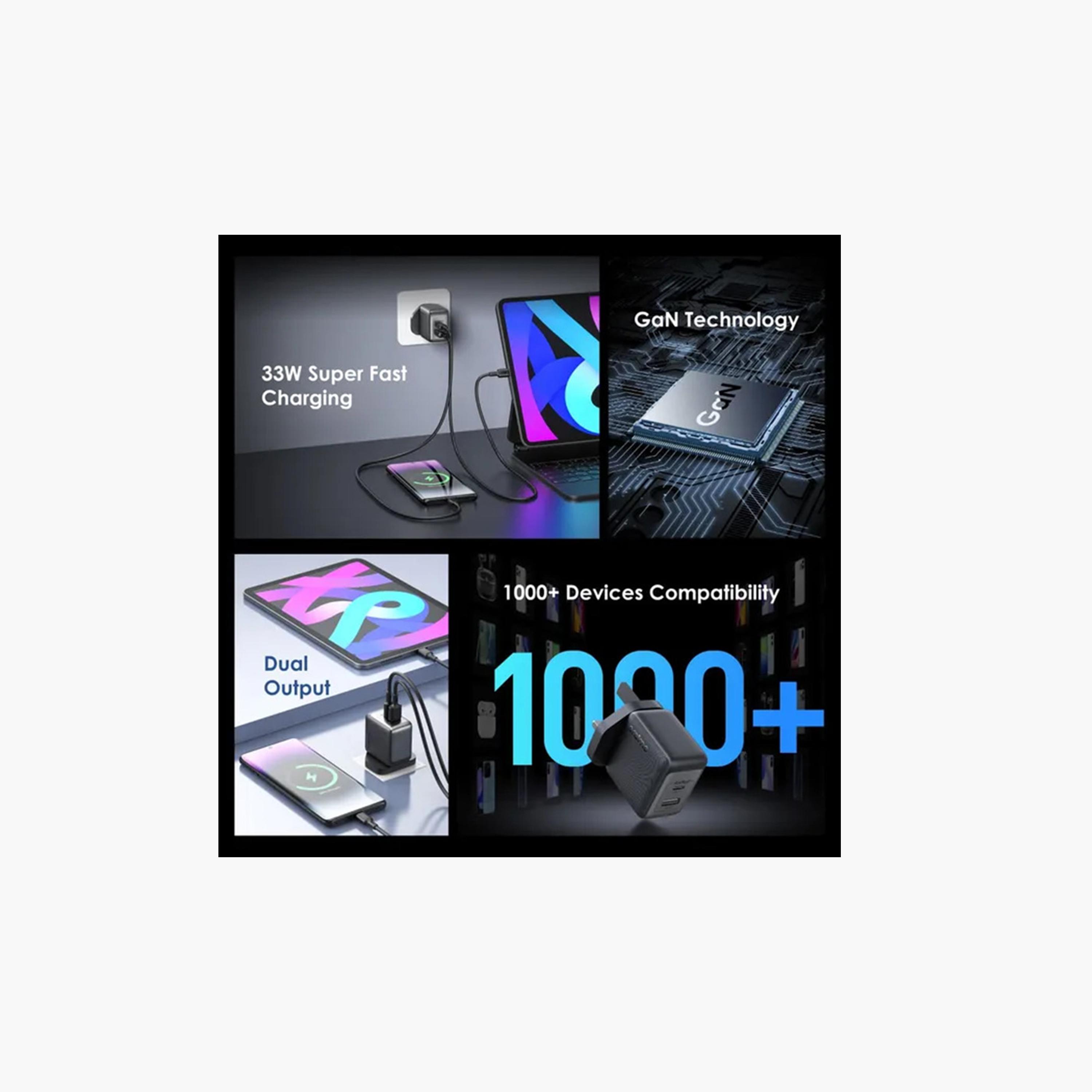 Oraimo Wall Charger PowerGaN 33 Pro USB-C and USB Ports 33W With Cable USB To USB-C - Black-electronics-accessories-mobileaccesories-image-4
