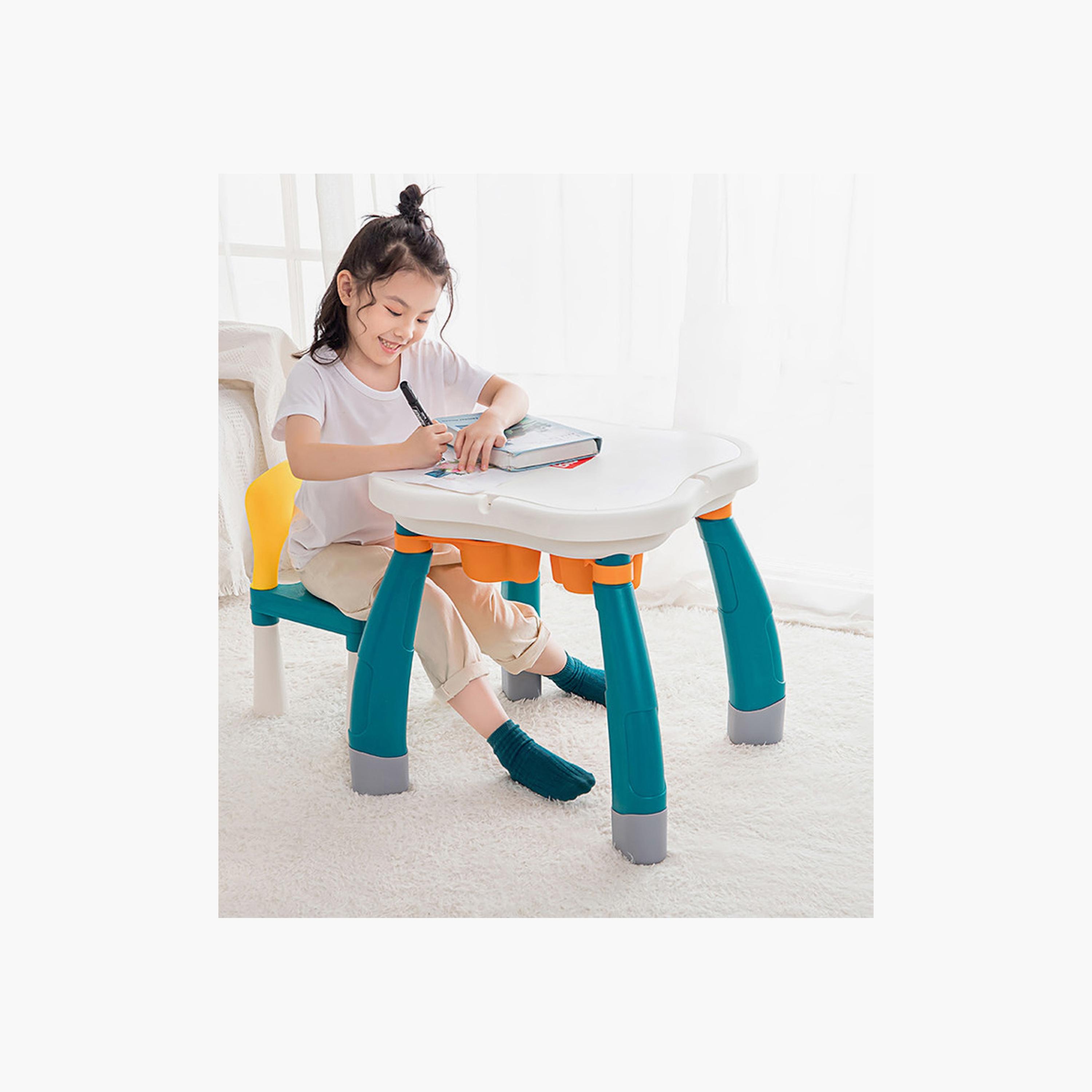 Kikibebe 100-Piece Plum Blossom Shape Building Block Table with Chair - Deep Lake Green-toys-buildingblocks-blocks-image-2