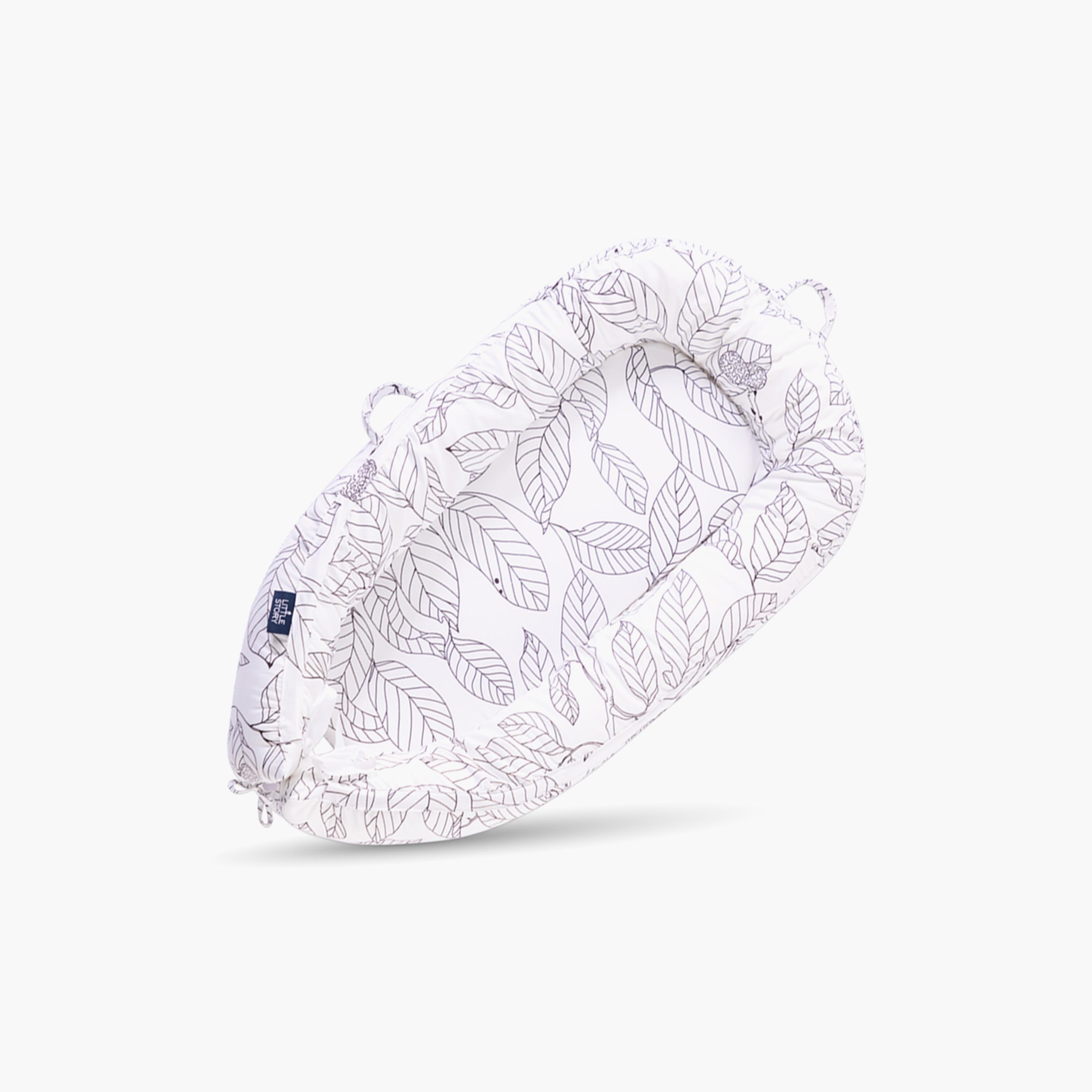 Little Story Soft Breathable Fiberfill Leaf Printed Lounger Bed - White Grey - Newborn-baby-nursery-babybedding-image-1