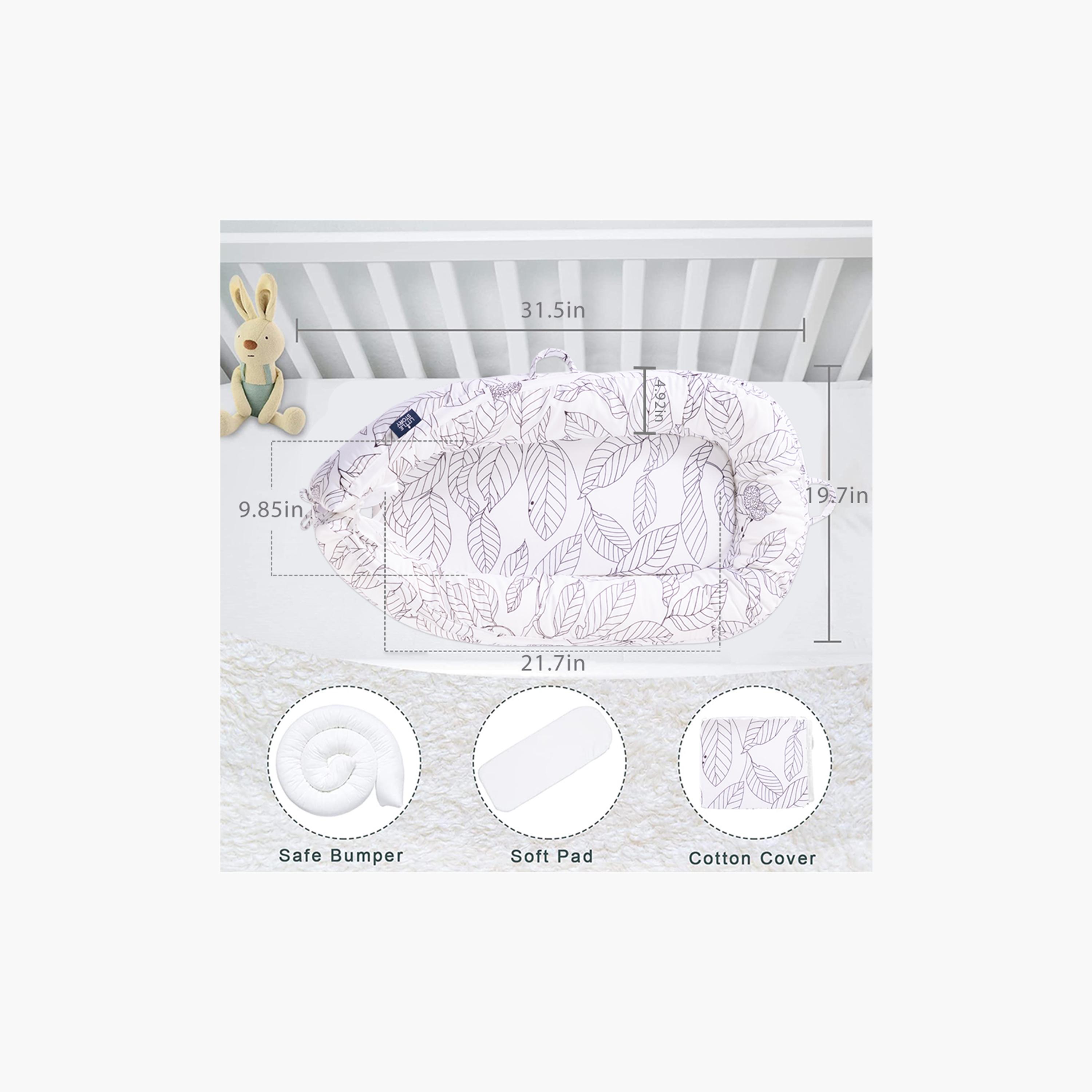 Little Story Soft Breathable Fiberfill Leaf Printed Lounger Bed - White Grey - Newborn-baby-nursery-babybedding-image-10