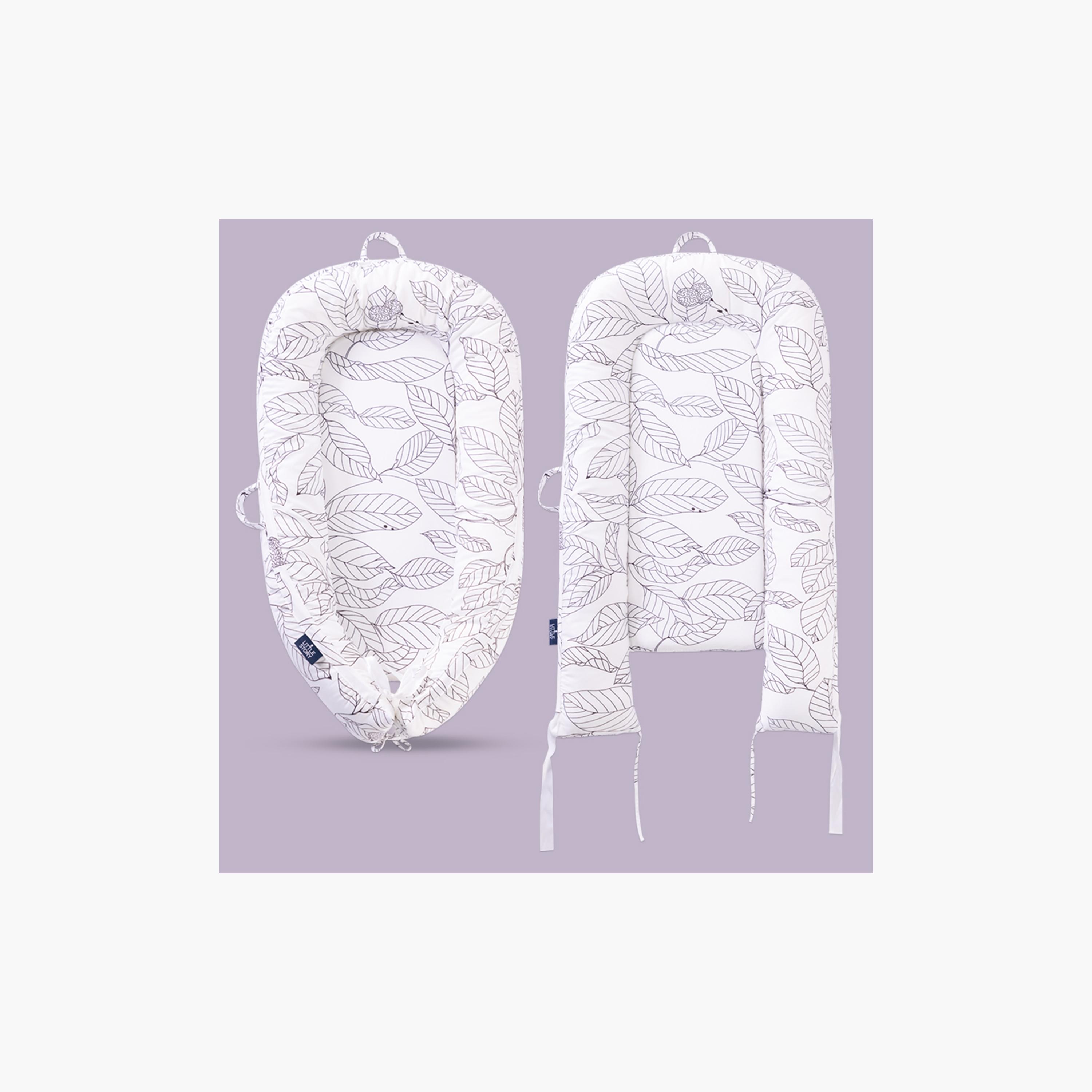 Little Story Soft Breathable Fiberfill Leaf Printed Lounger Bed - White Grey - Newborn-baby-nursery-babybedding-image-3
