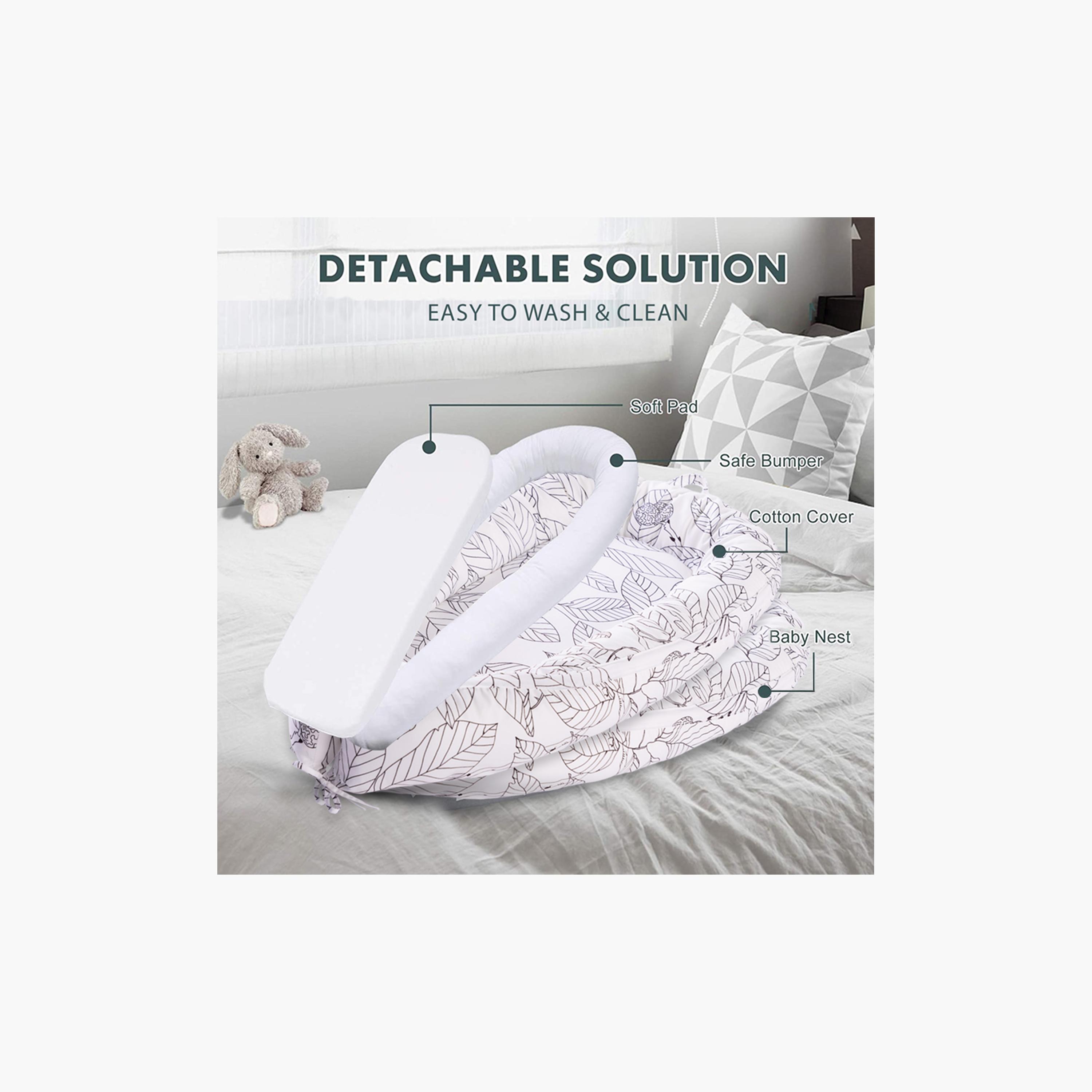 Little Story Soft Breathable Fiberfill Leaf Printed Lounger Bed - White Grey - Newborn-baby-nursery-babybedding-image-9