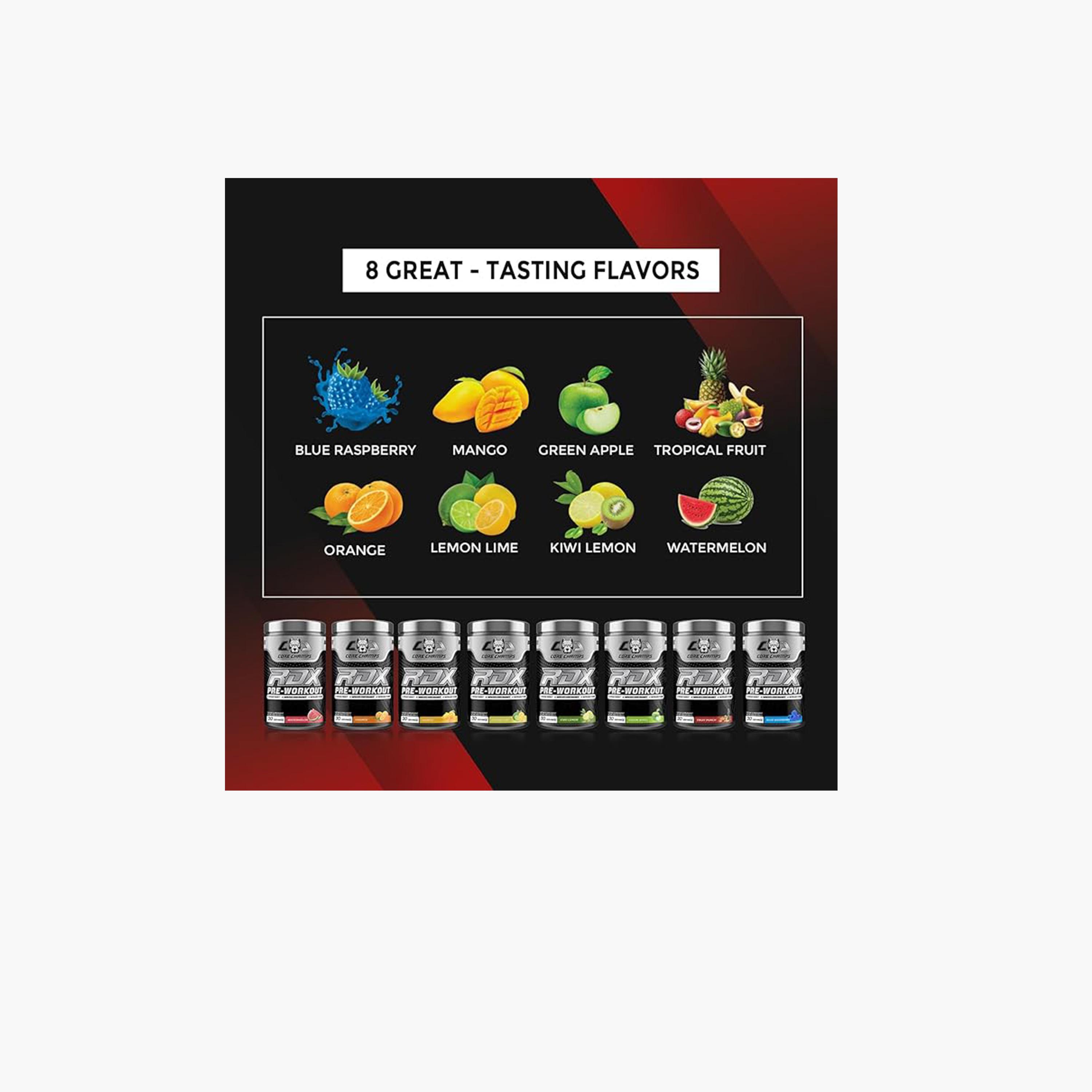 كور تشامبس - مكمّل غذائي لحرق الدهون RDX قبل التمرين 30 حصة بنكهة الكاكاو-sports-nutrition-prepostworkout-image-2