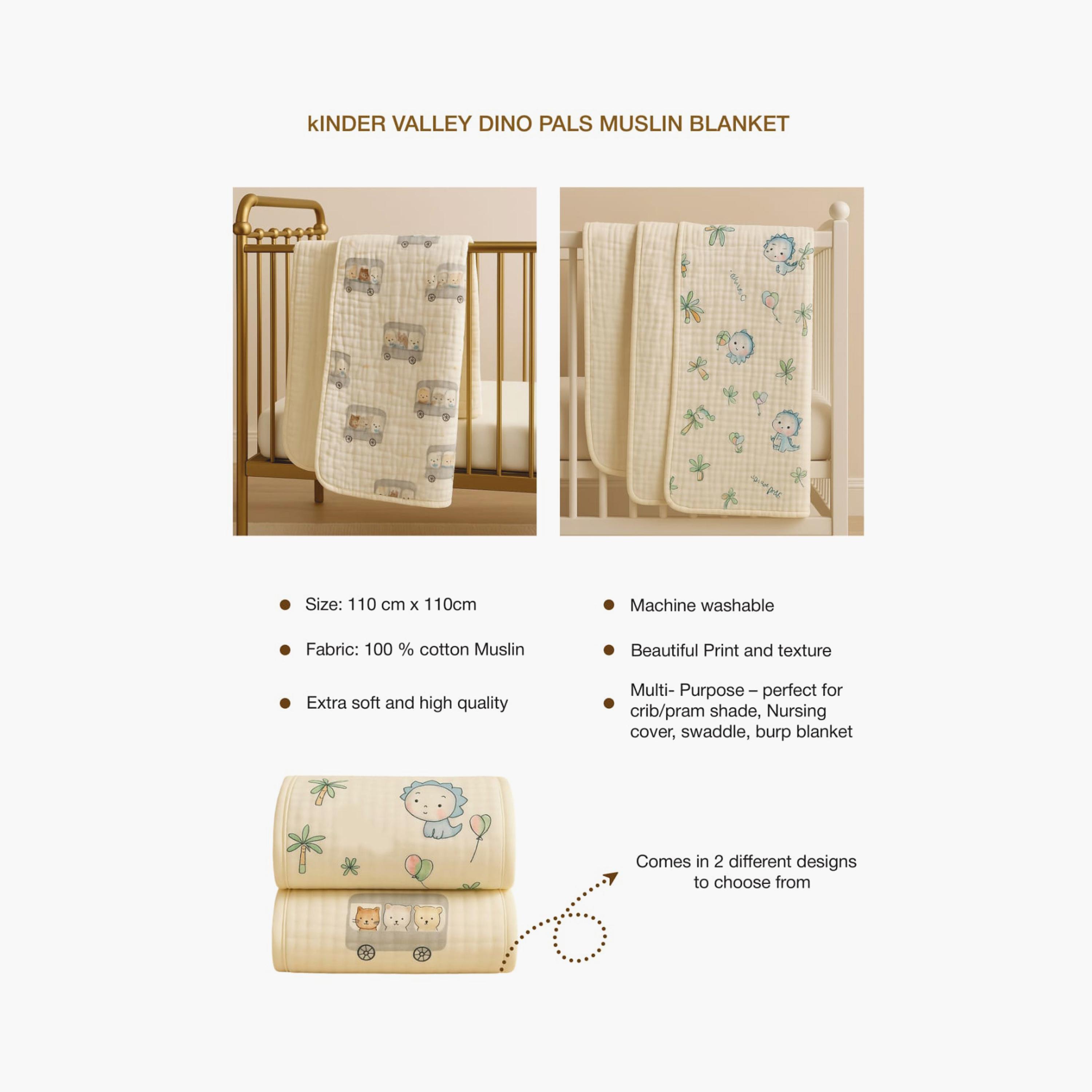 Kinder Valley 100% Natural Organic Cotton Muslin Blanket - Dino-baby-nursery-blanketsandswaddles-blanketsandquilts-image-4