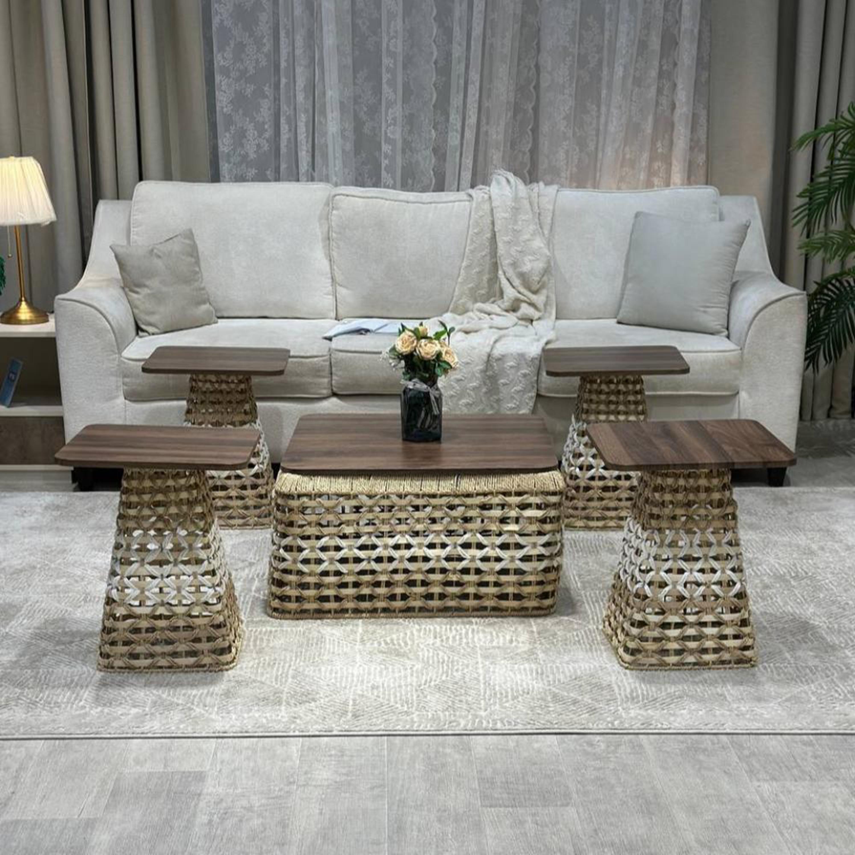Woven Rattan Wood Top Coffee Table Set-furniture-livingroom-coffeetables-image-1