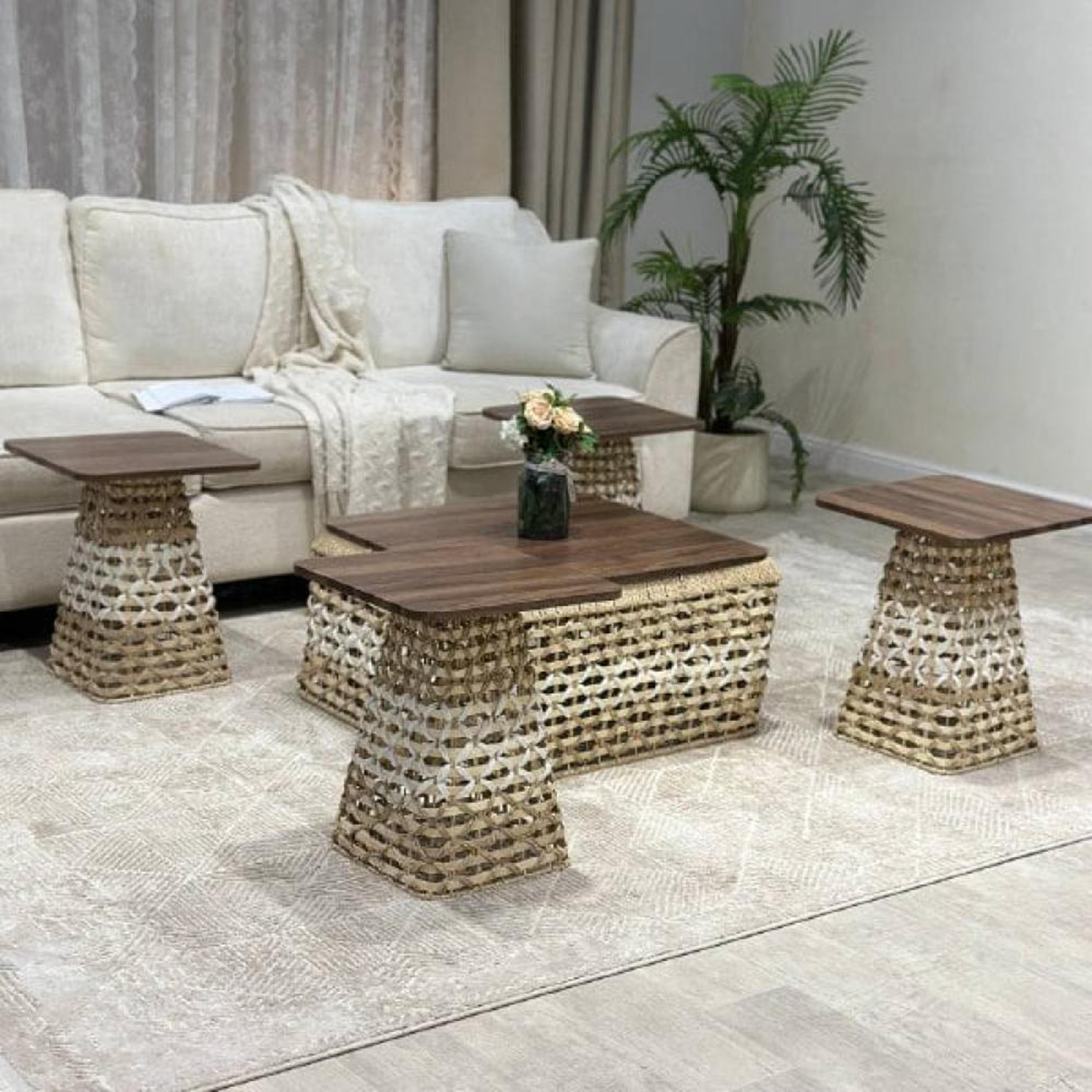 Woven Rattan Wood Top Coffee Table Set-furniture-livingroom-coffeetables-image-2